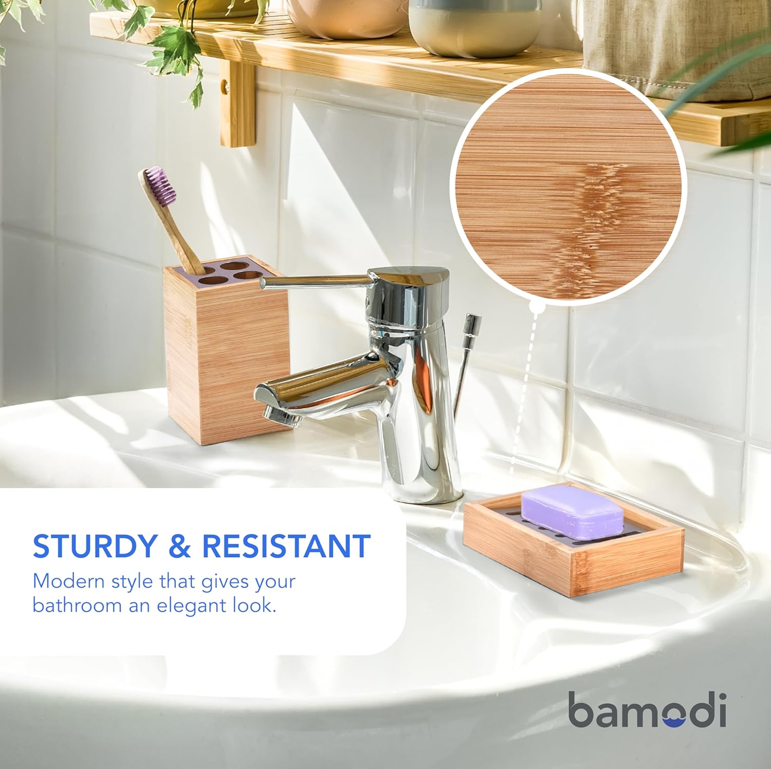 Bamodi Bamboo Bathroom Decor Set - 5-Piece Aesthetic Decorative Accessories for Restroom - 7x2.5X.2.5-Inch Set Includes Toiletry Box, Toothbrush Holder, Liquid Soap Dispenser, and Wooden Towel Tray - Image 4