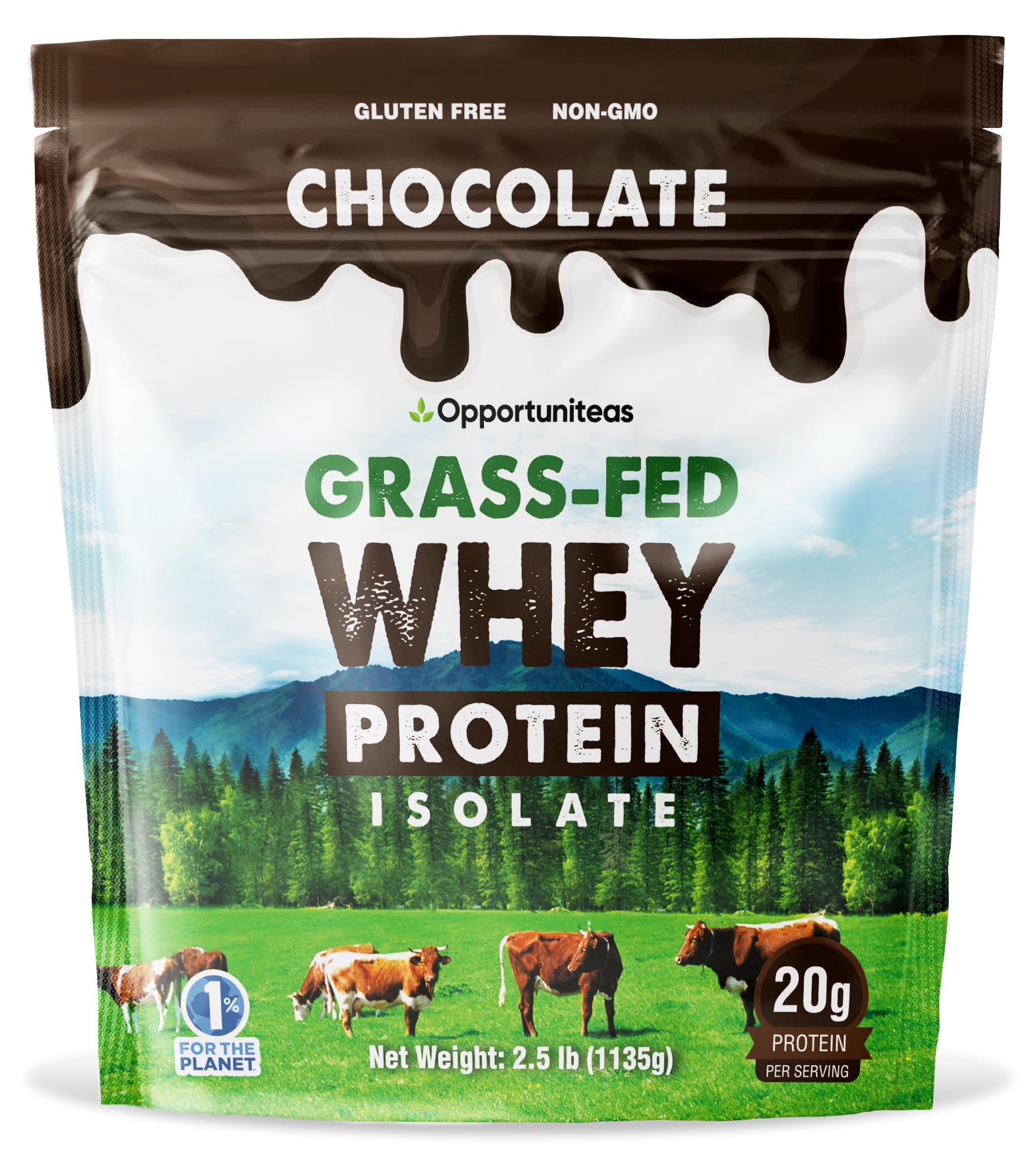 Opportuniteas Grass Fed Chocolate Whey Protein Isolate Powder - 20g Protein Powder Without Artificial Sweeteners, Hormone-Free Cows, Non GMO - 2.5lb