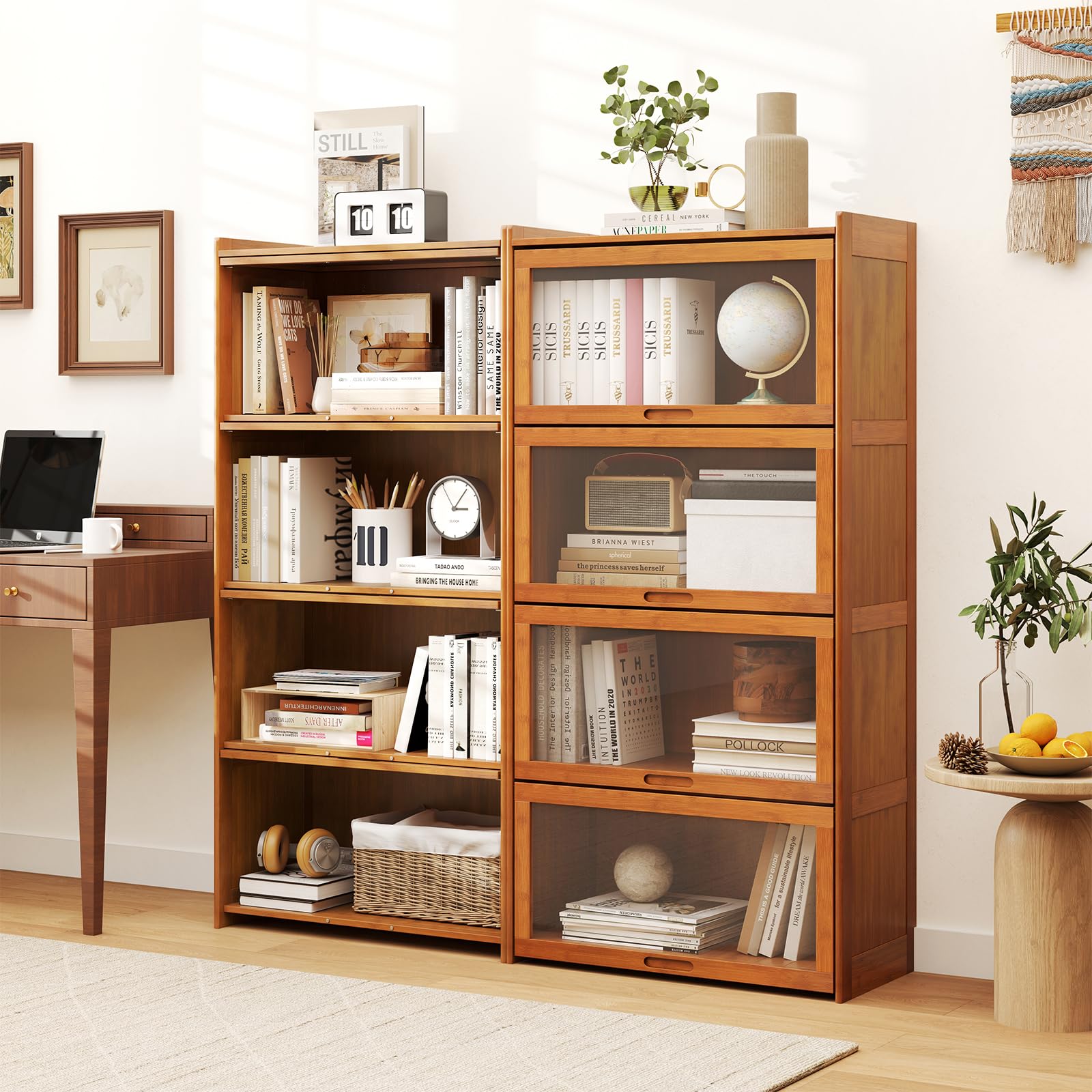 COSTWAY Librería de 4 Niveles, Estantería para Libros con Puertas Acrílicas Transparentes, Organizador de Cubos Independiente para Sala de Estar, Dormitorio, Estudio, 69 x 34 x 140 cm (Marrón)