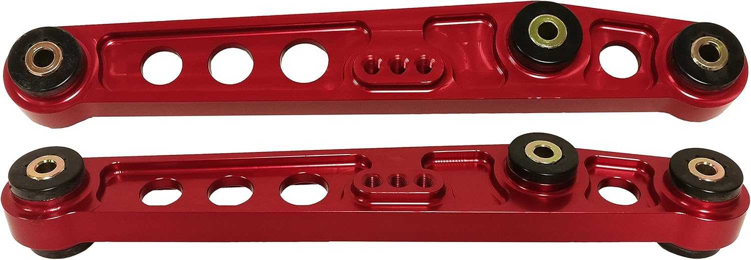 AJP Distributors Rear Lower Billet Aluminum Control Arms LCA Red Suspension Stability Adjustable Alignment Upgrade w/Solid Polyurethane Bushings Compatible/Replacement For Civic CRX Del Sol Integra