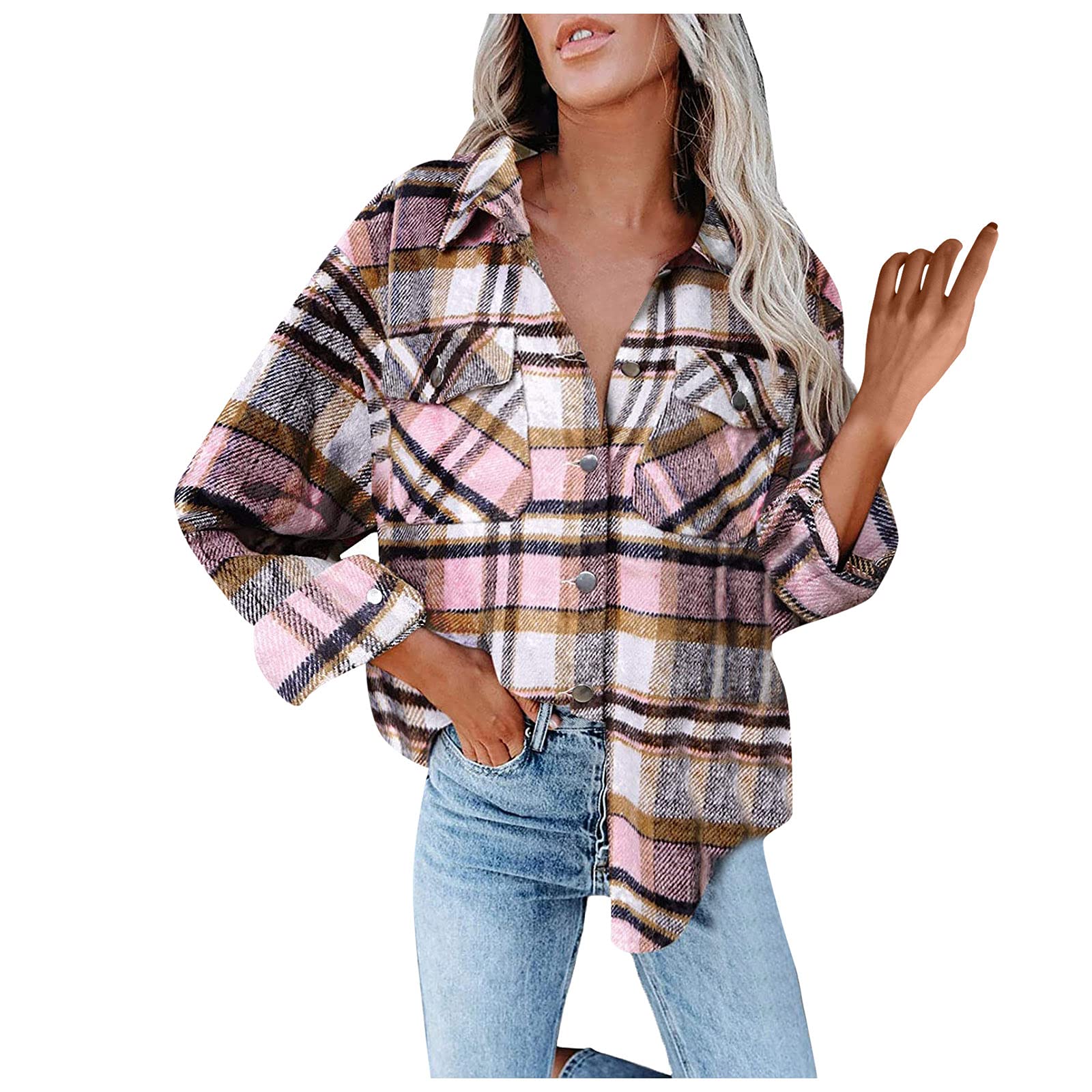 Women's Causal Brushed Retro Plaid Shirts Long Sleeve Flannel Button Lapel Down Pocketed Extra Large Women Jackets