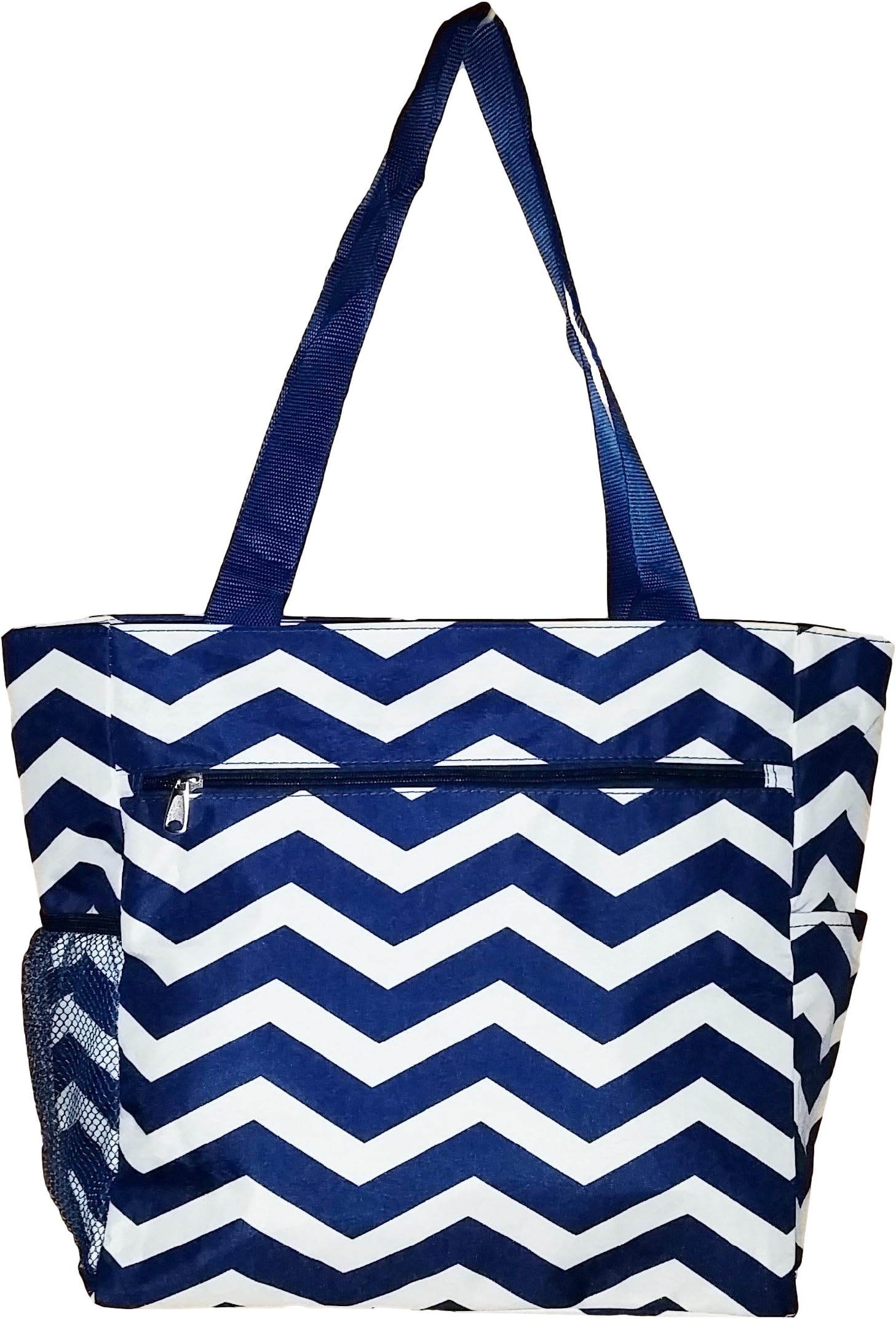 Large Zip Top Organizing Tote with Multiple Pockets (Navy White Chevron)