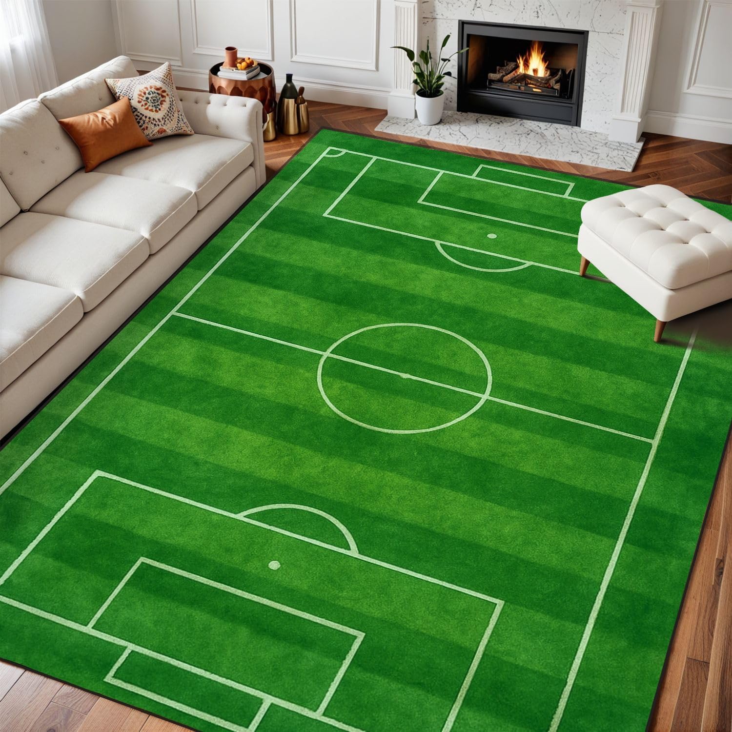 8x10 Area Rugs for Bedroom Boho Washable Rug for Living Room Soccer Field Football Stadium Green Grass Painted line Sport Carpet for Dining Room Soft Rubber Backed Non-Slip Carpets for Bedroom Office