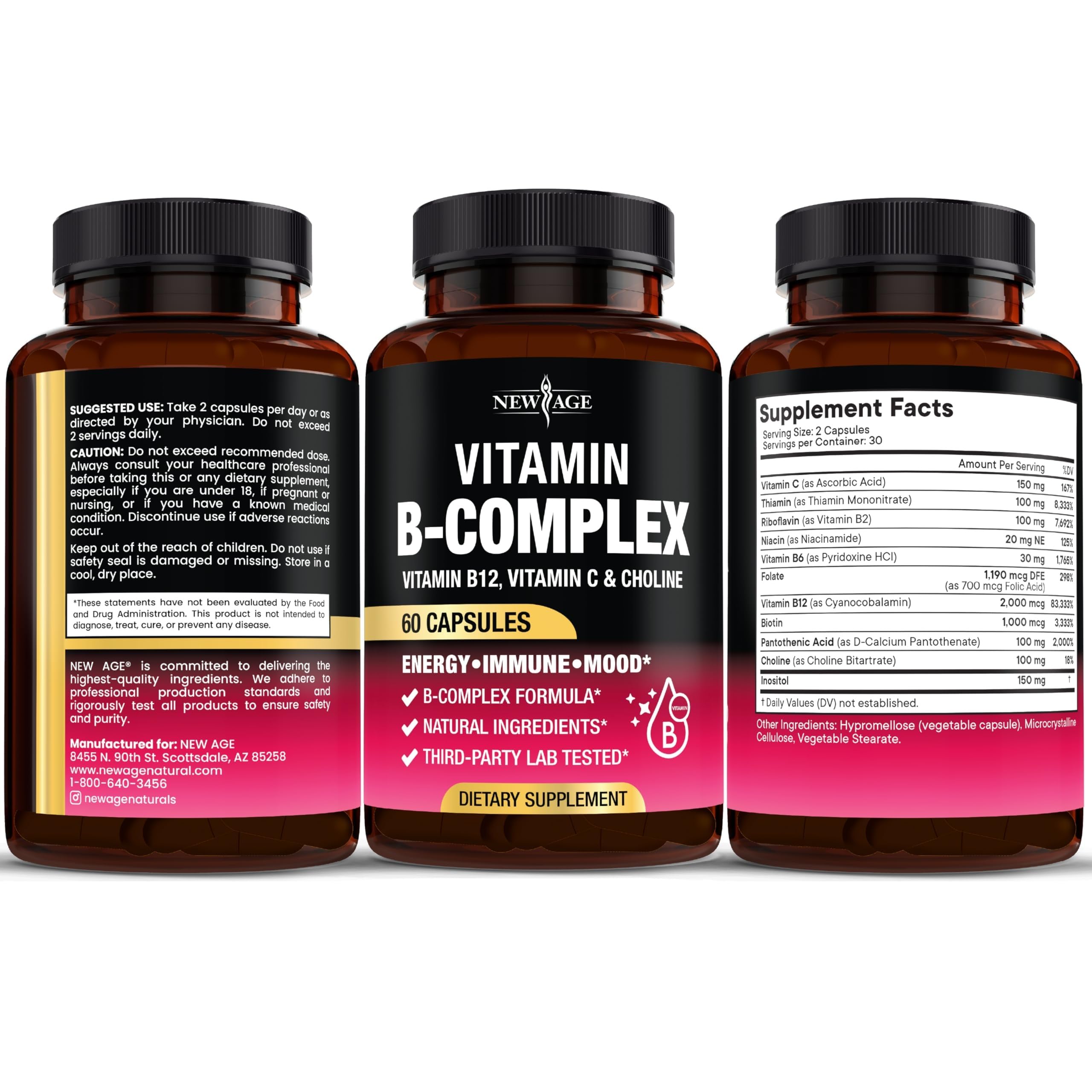 NEW AGE Vitamin B Complex for Men & Women, Made in USA, B-Complex: B1, B2, B3, B5, B6, B7, B8, B9, B12 with Vitamin C, Choline, Inositol, Energy, Brain & Heart Support, 180 Vegan Capsules — Amazon image 8