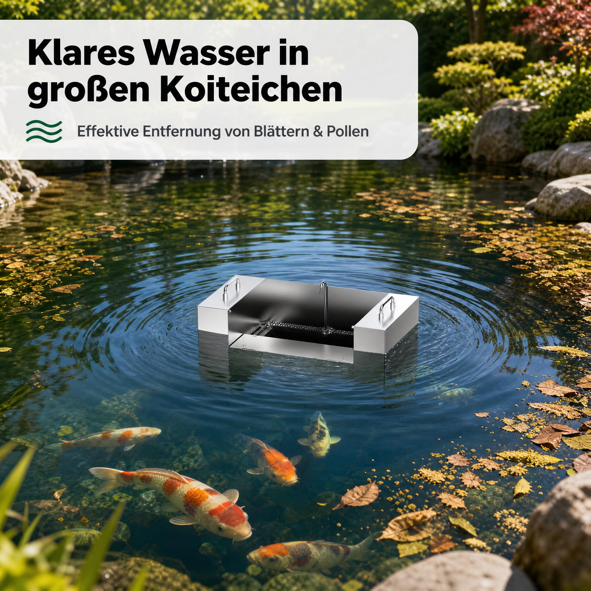 AquaOne Teichskimmer CSP-16000, schwimmender Oberflächenskimmer für Teiche & Koiteiche, integrierte 20.000 l/h Pumpe, großer 20–22 l Filterkorb, Edelstahlgehäuse