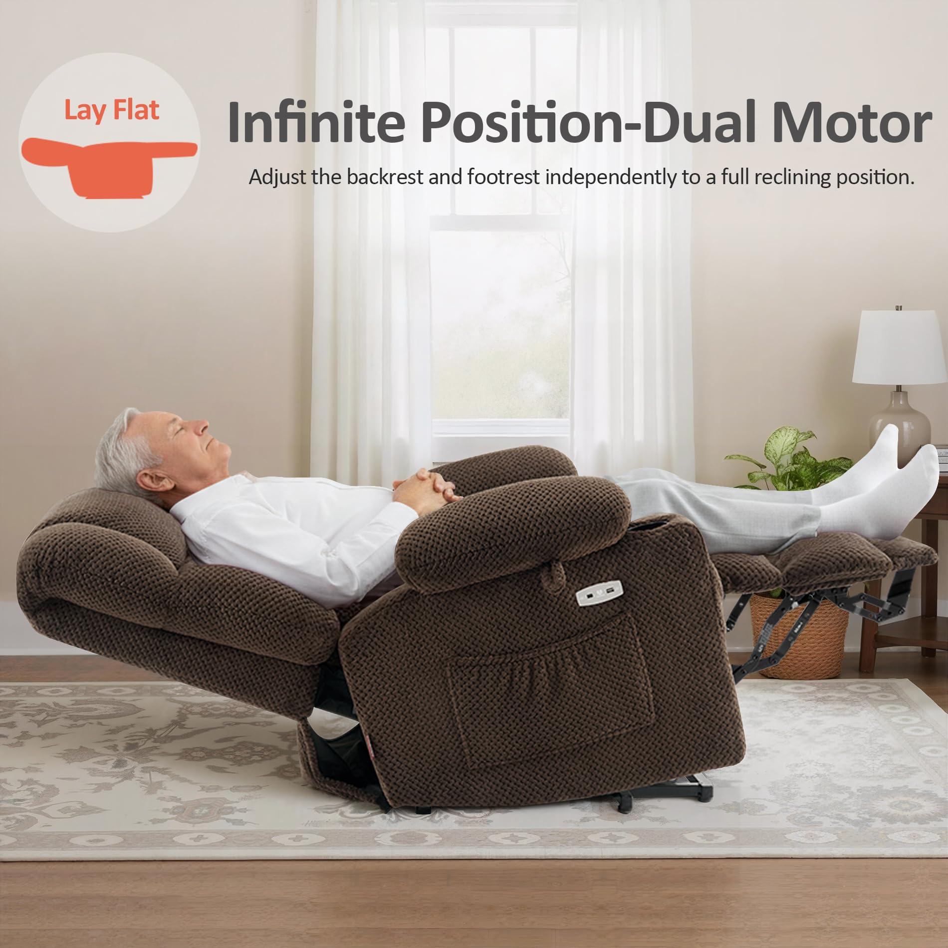 MCombo Dual Motor Power Lift Recliner Chair with Massage and Heat for Elderly People, Infinite Position, USB Ports, Cup Holders, Fabric 7890 (Medium, Mocha) - 5