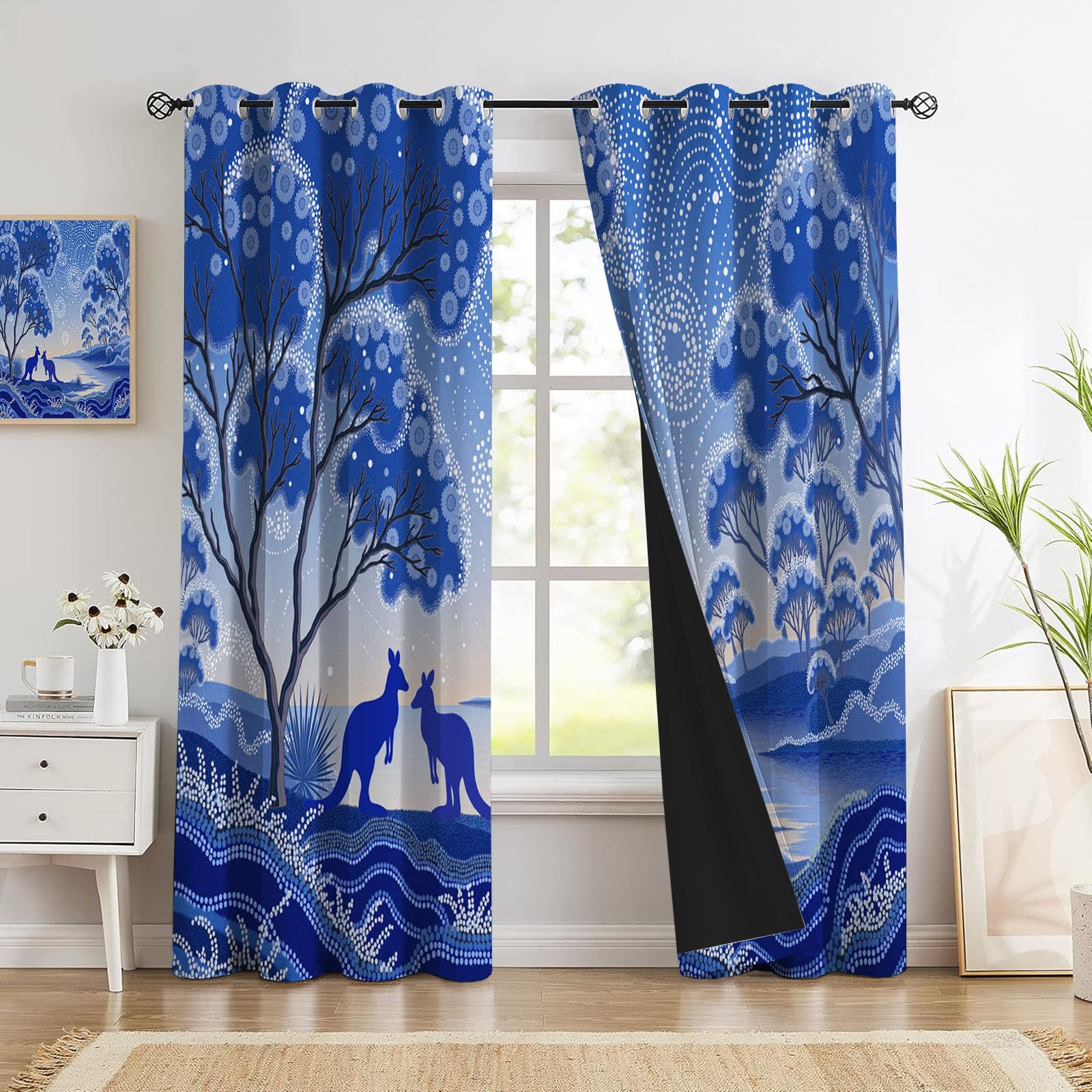 Cortinas Opacas Sencillez Bosque Impresión,3D Soñador Arbustos Canguros Cortinas Blackout Termicas Aislantes Frio y Calor con Ojales para Dormitorio Salon 2 Piezas 140×225cm,Azul