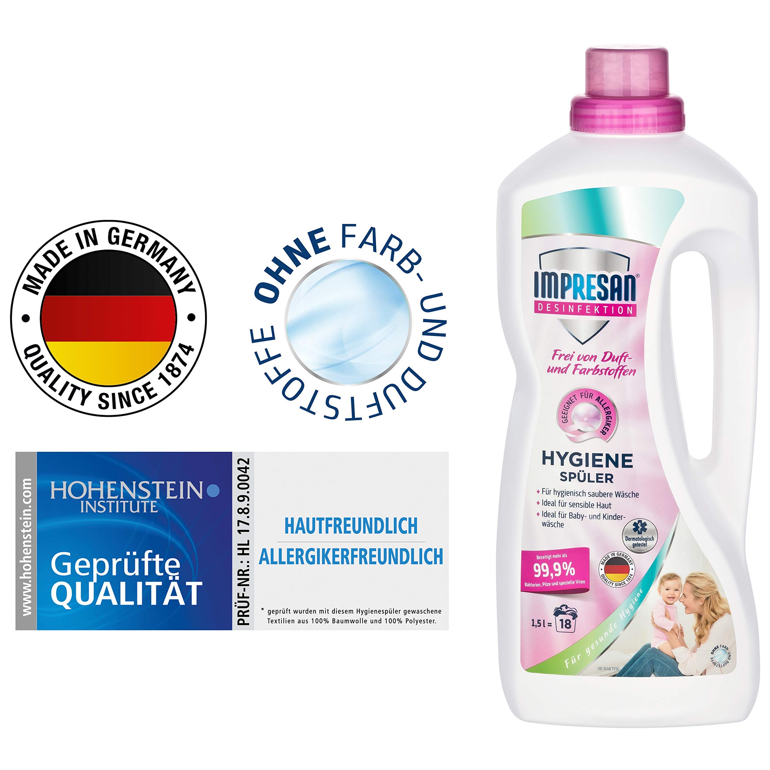 Impresan Hygiene-Spüler Sensitiv - 4 x 1,5L - Frei von Duft- und Farbstoffen - Wäsche-Desinfektion - ohne Duftstoffe - Parfümfrei - für empfindliche Haut