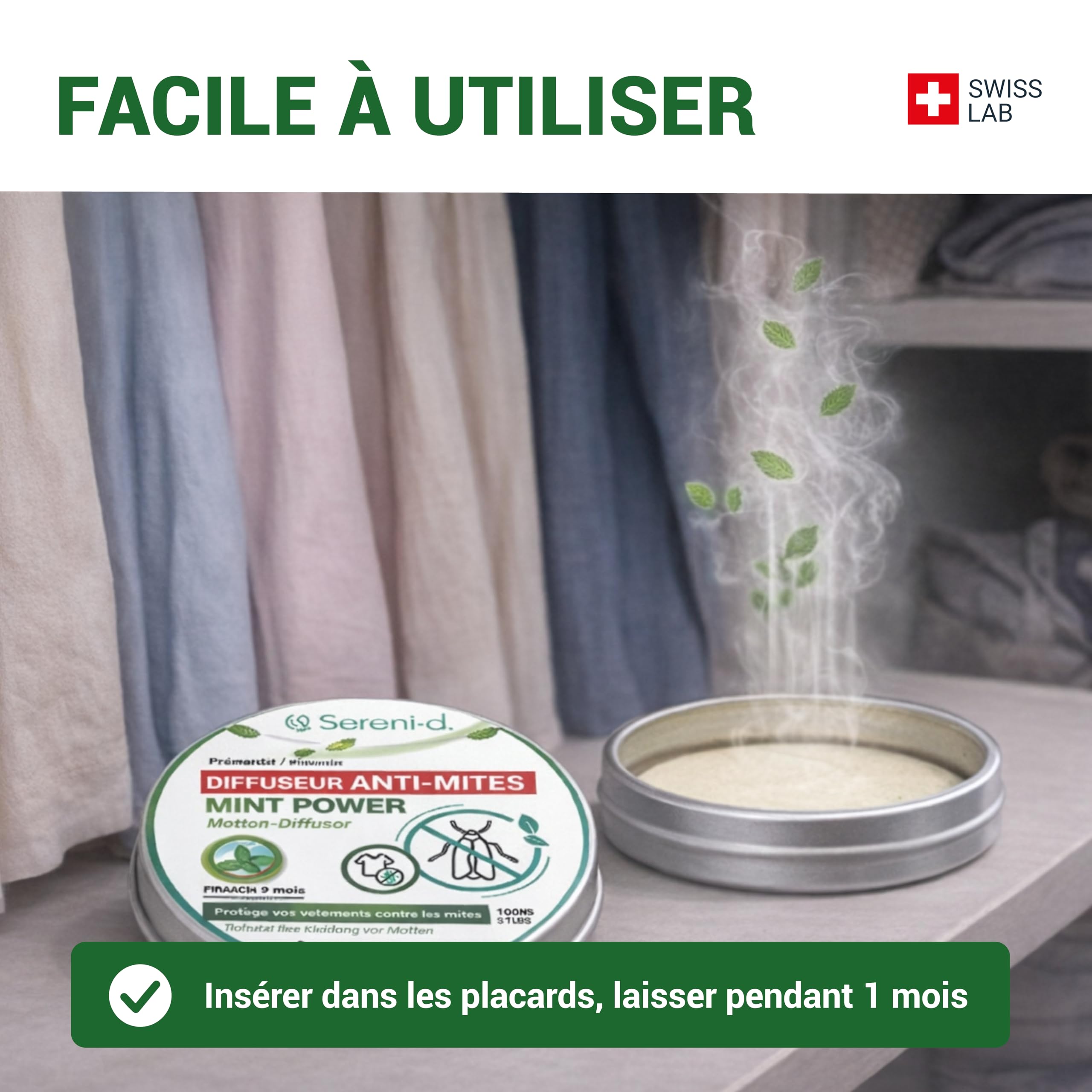 SERENI-D Diffuseur ANTI-MITES Textiles MINTPOWER - Protection répulsive des Vêtements, Lainages et Fourrures - Parfum Menthe - Action immédiate et protège les placards des nouvelles infestations