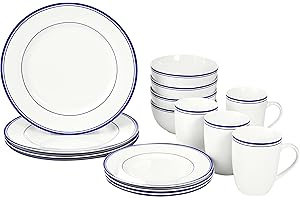 Amazon Basics - 16-Piece Cafe Stripe Kitchen Dinnerware Set, Plates, Bowls, Mugs...