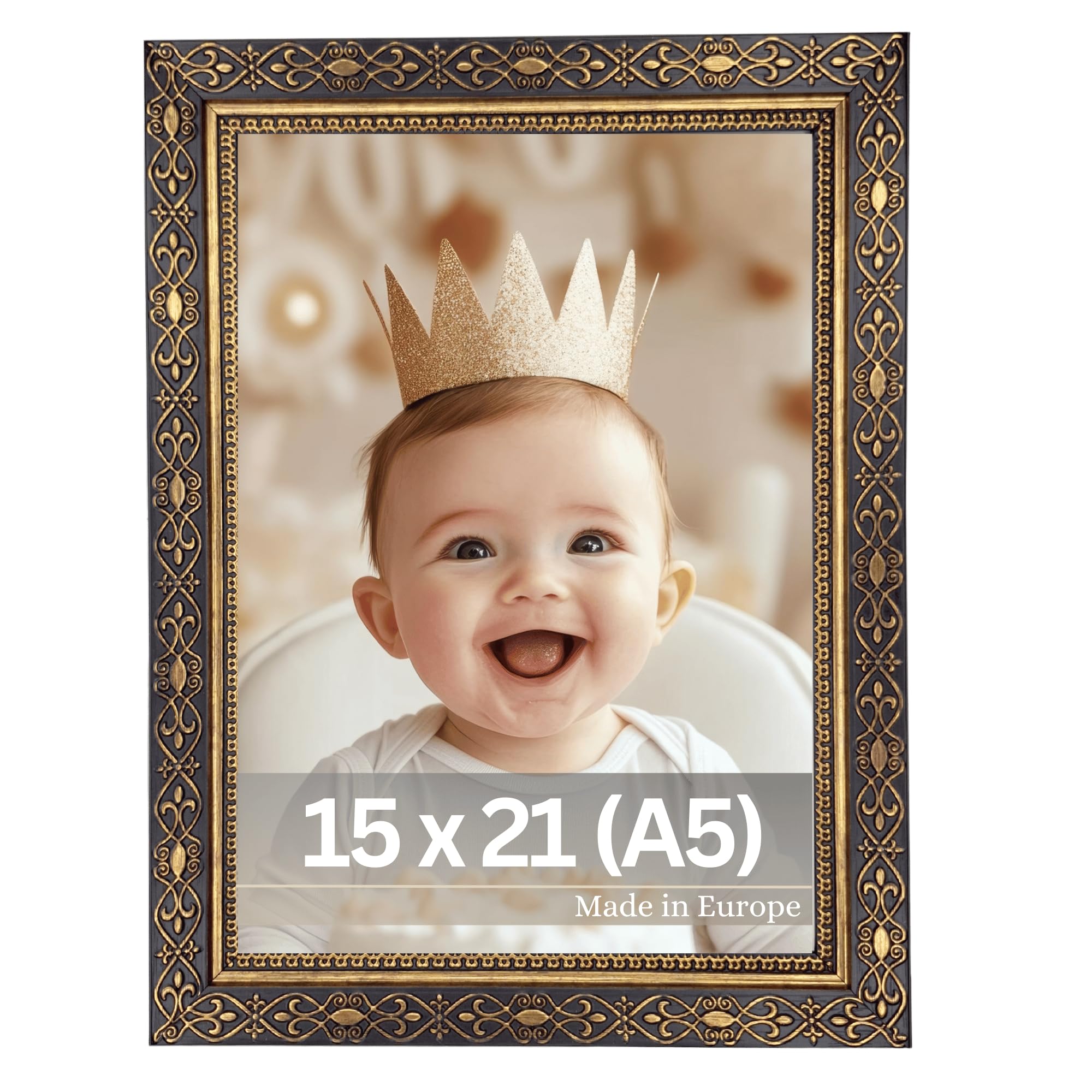 VictoR vintage Bilderrahmen schwarz gold 15x21 cm (A5) „Vermeer“ - antik barockrahmen mit Acrylglas - stabiler MDF-Rückwand - für Hoch- und Querformat - A4 Bilderrahmen schwarz gold