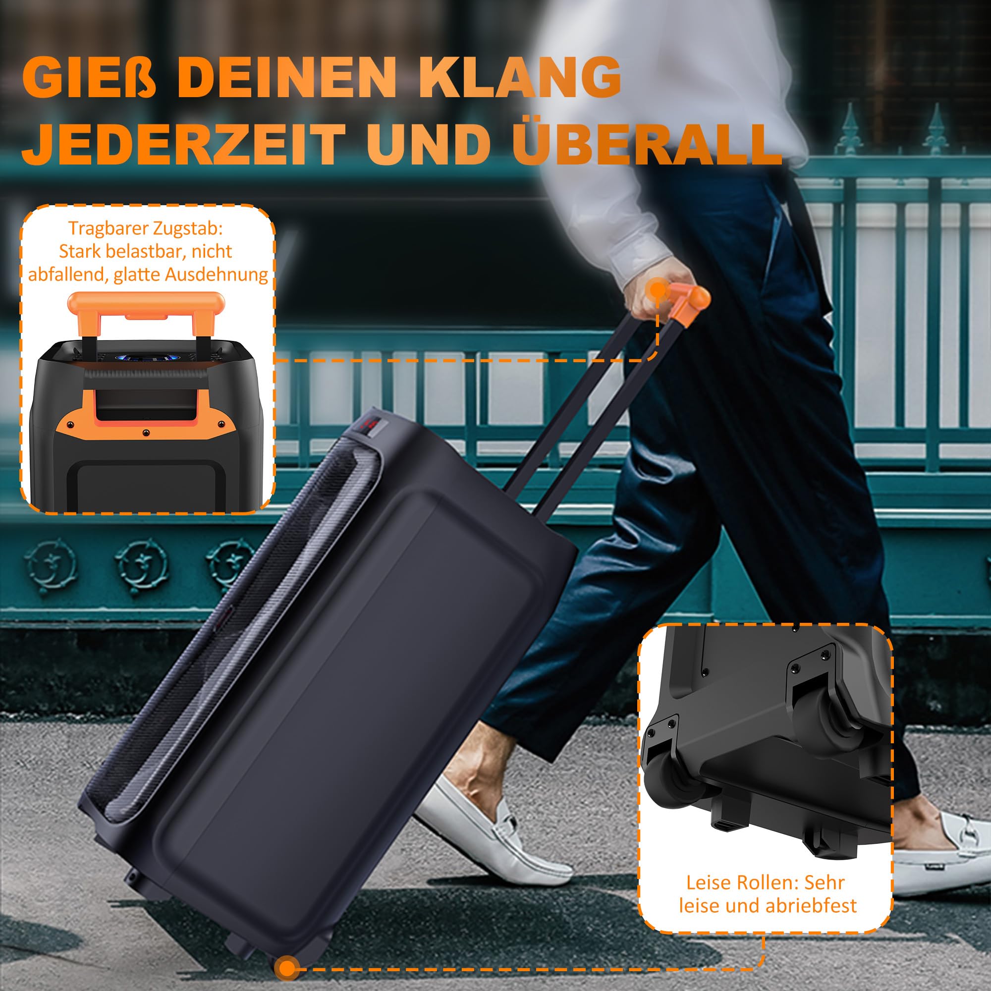JYX Karaoke Anlage mit 2 drahtlosen Mikrofonen, Bluetooth Party Lautsprecher mit Rädern, Disco Lichtern und Subwoofer, 500W PA System für Party, Outdoor und Karaoke, TWS/SD/USB/AUX/Rec