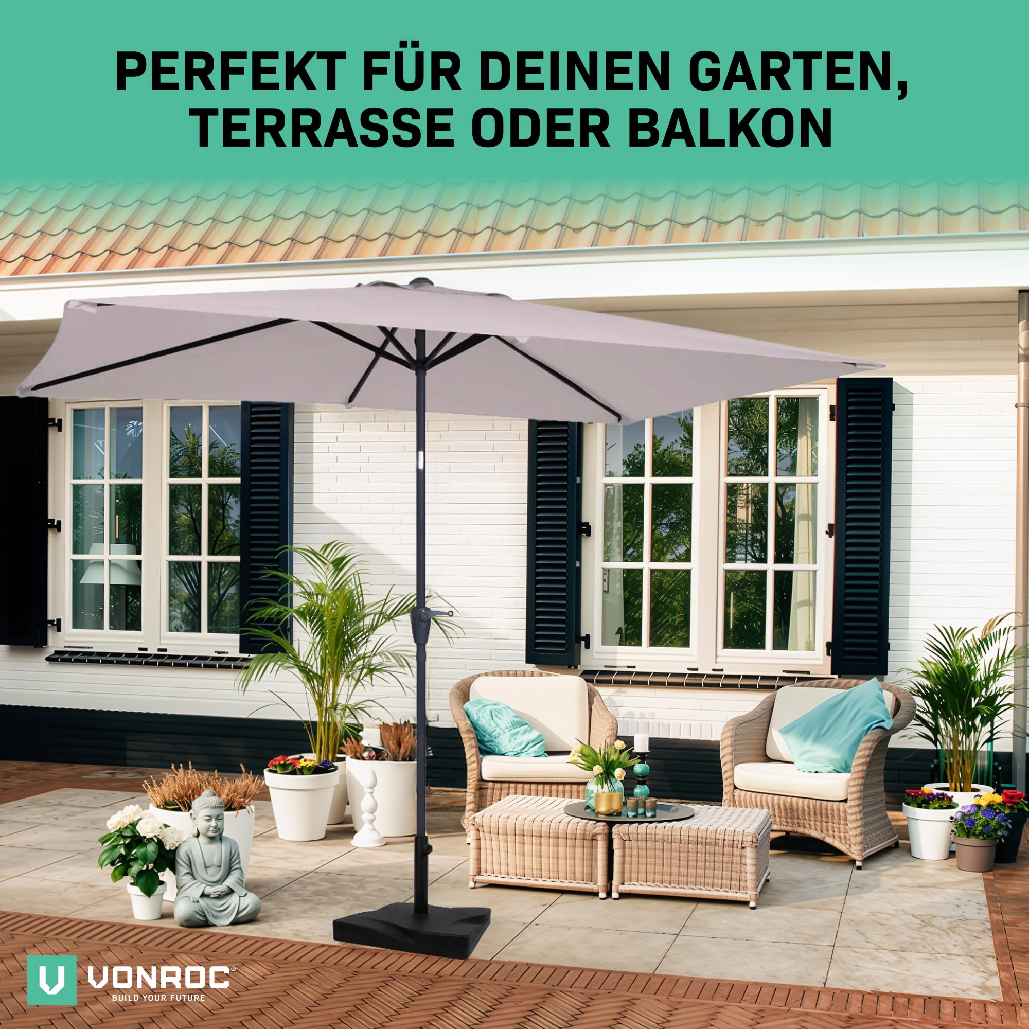 VONROC Sonnenschirm rechteckig 200x300 - Rechteckiger Sonnenschirm für Terasse, Garten, Balkon, Gastro - Knickbar, Kurbel, Wetterfest - Rapallo
