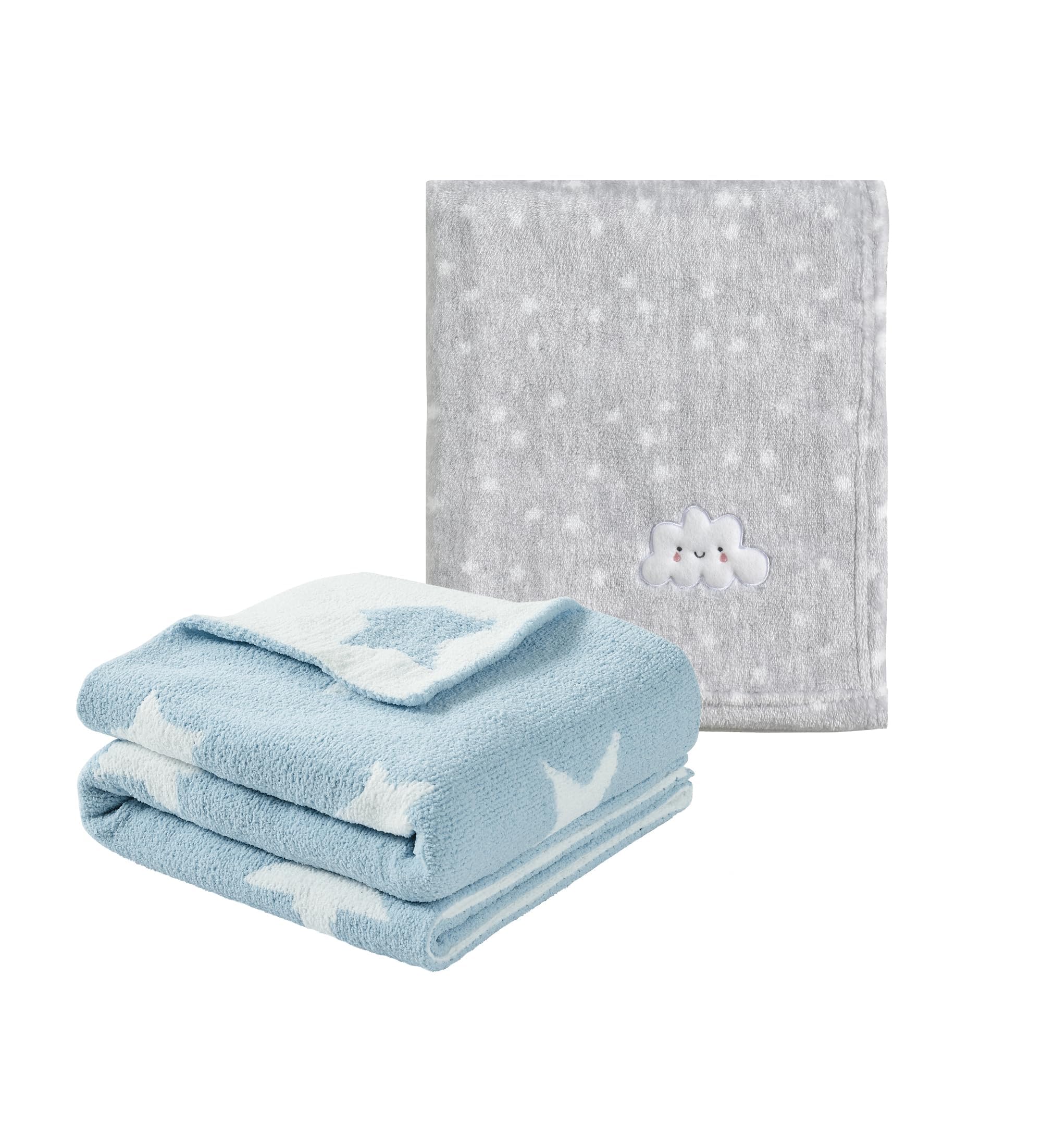 CREVENT 2Pcs 75cmX100cm Cute Cozy Fluffy Warm Baby Blankets for Infants Toddlers' Bedding Crib Cot Stroller - Grey Cloud + Knit Blue