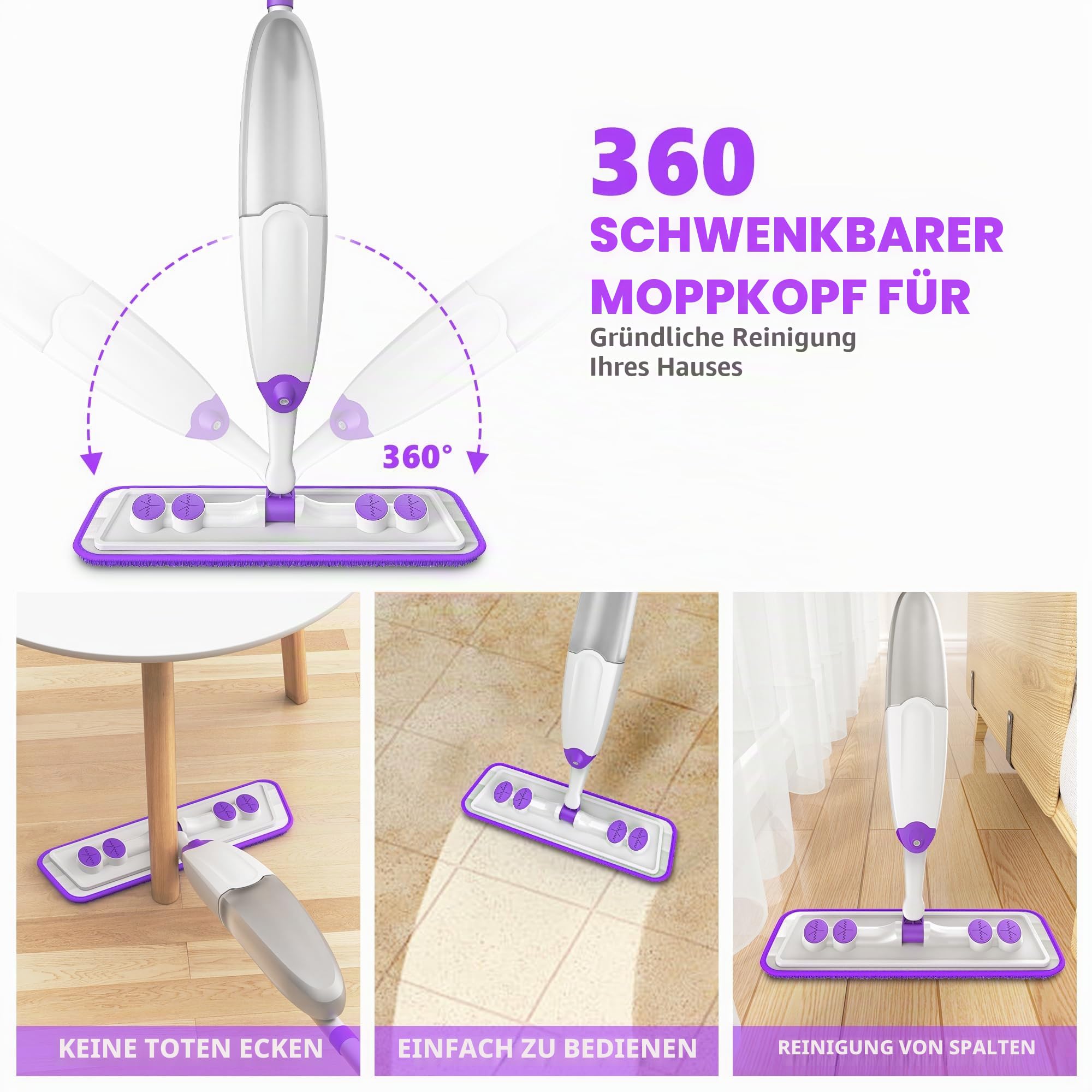 Tina&Tony Sprühmopp für Bodenreinigung: Nasser und trockener Wischmopp mit Mikrofaser, waschbar, Wiederverwendbare Pads für Haushalt, Küche, Hartholz, Vinylböden