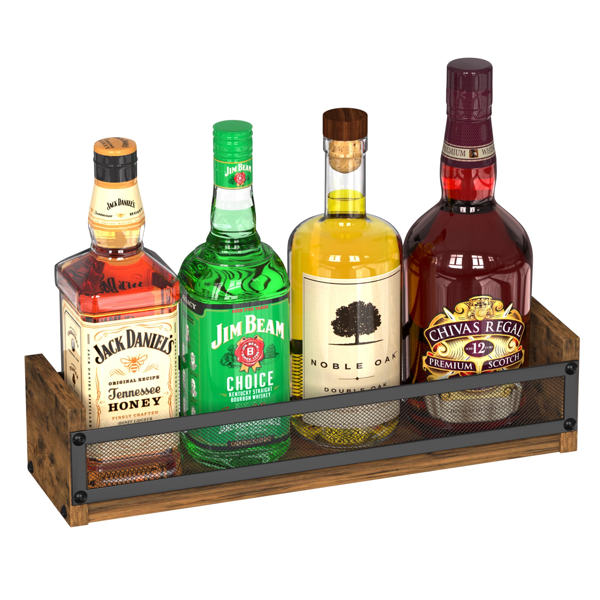 Alyoen Liquor Bottle Display Shelf, Coffee Syrup Rack Organizer, Countertop Liquor Wine Rack, 4 Bottles Coffee Station Organizer with Fences & Handles