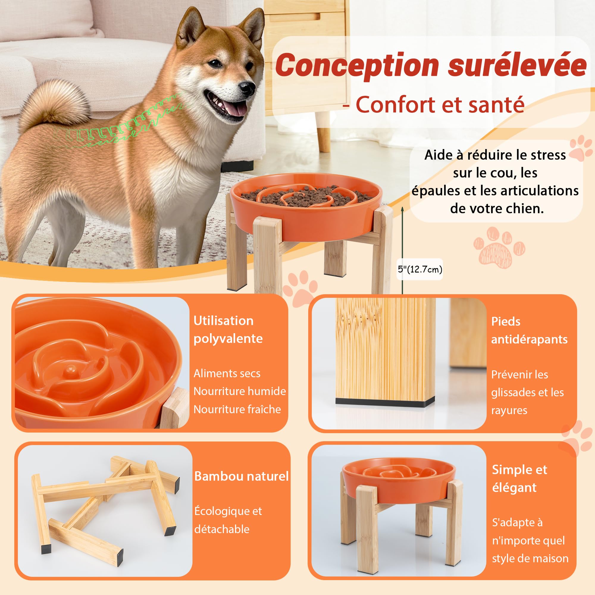 Gamelle Anti-Glouton Surélevée pour Chien - Bol en Céramique avec Support en Bambou - Idéale pour Chiens Moyens et Grands - Orange - 22,5 cm