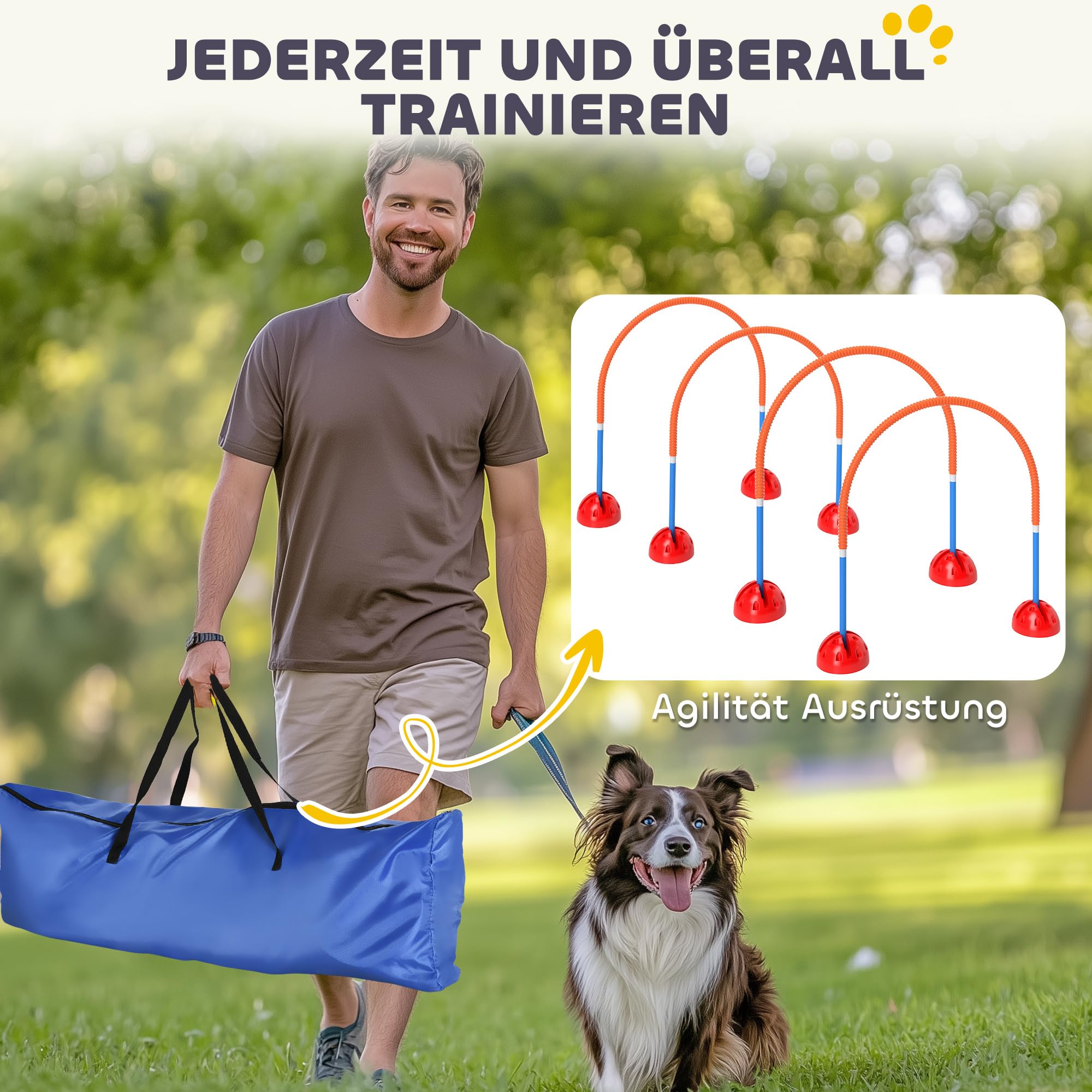PawHut Agility zestaw dla psów, 5-częściowy zestaw z możliwością napełniania, wyposażenie zwinnościowe do treningu psa, zestaw płotek wtykowych z regulowanymi drzwiami zwinnościowymi, torba, akcesoria