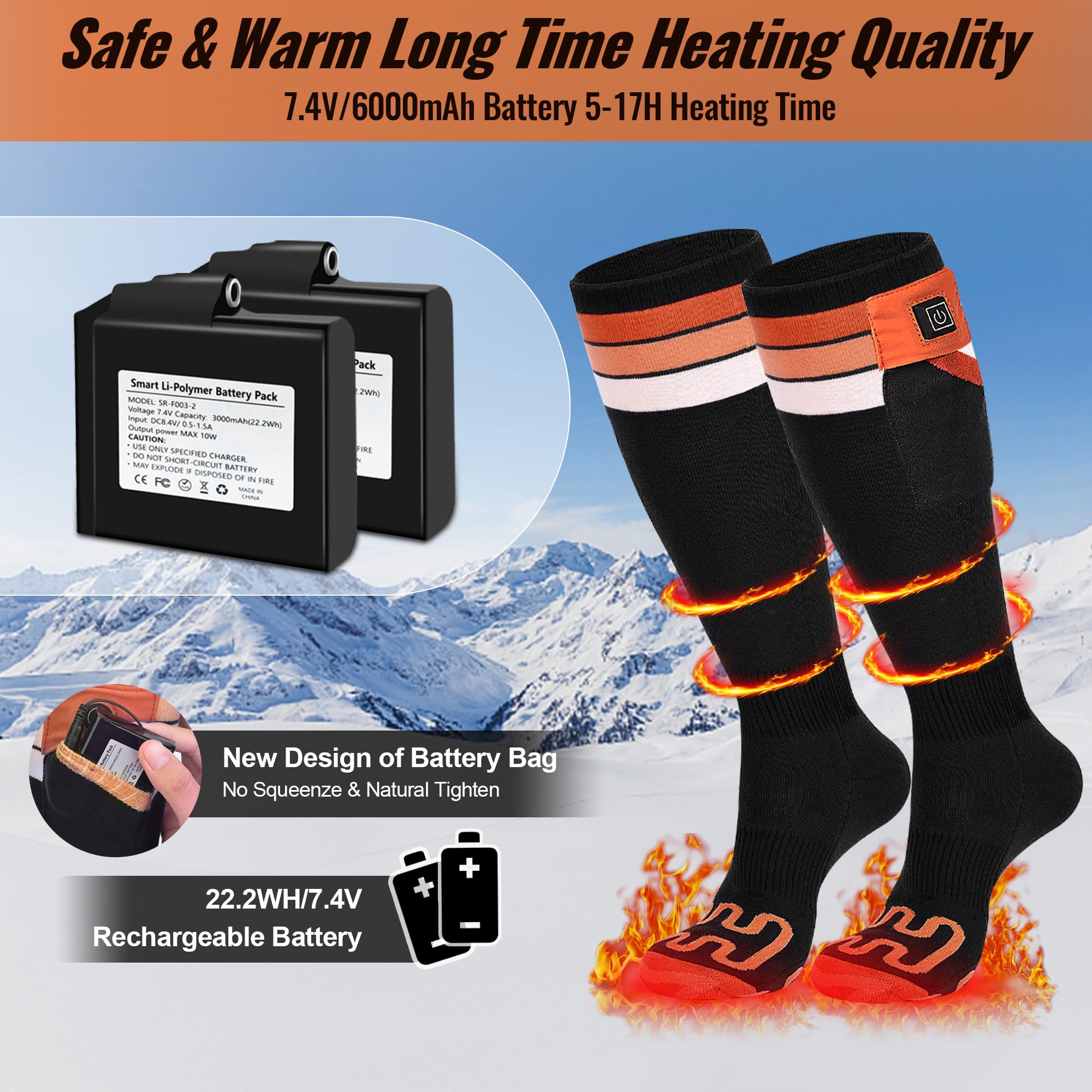 2024 Upgraded Heated Socks for Men Women with APP Remote Control & 7.4V 22.2WH,6000mAh Up to17H Rechargeable Heated Ski Sock 5 Levels Temperature for Winter Outdoor Camping Hiking Skiing OR M1