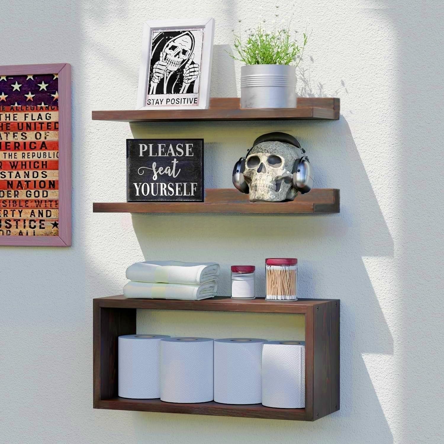Dime Store Engineered Wood Wall Shelf Set with Storage Box for Office & Home | Floating Shelves with Open Storage Rack | Modern Wall Mounted Organizer for Toiletries, Décor & Utility Use (Brown)-image-0