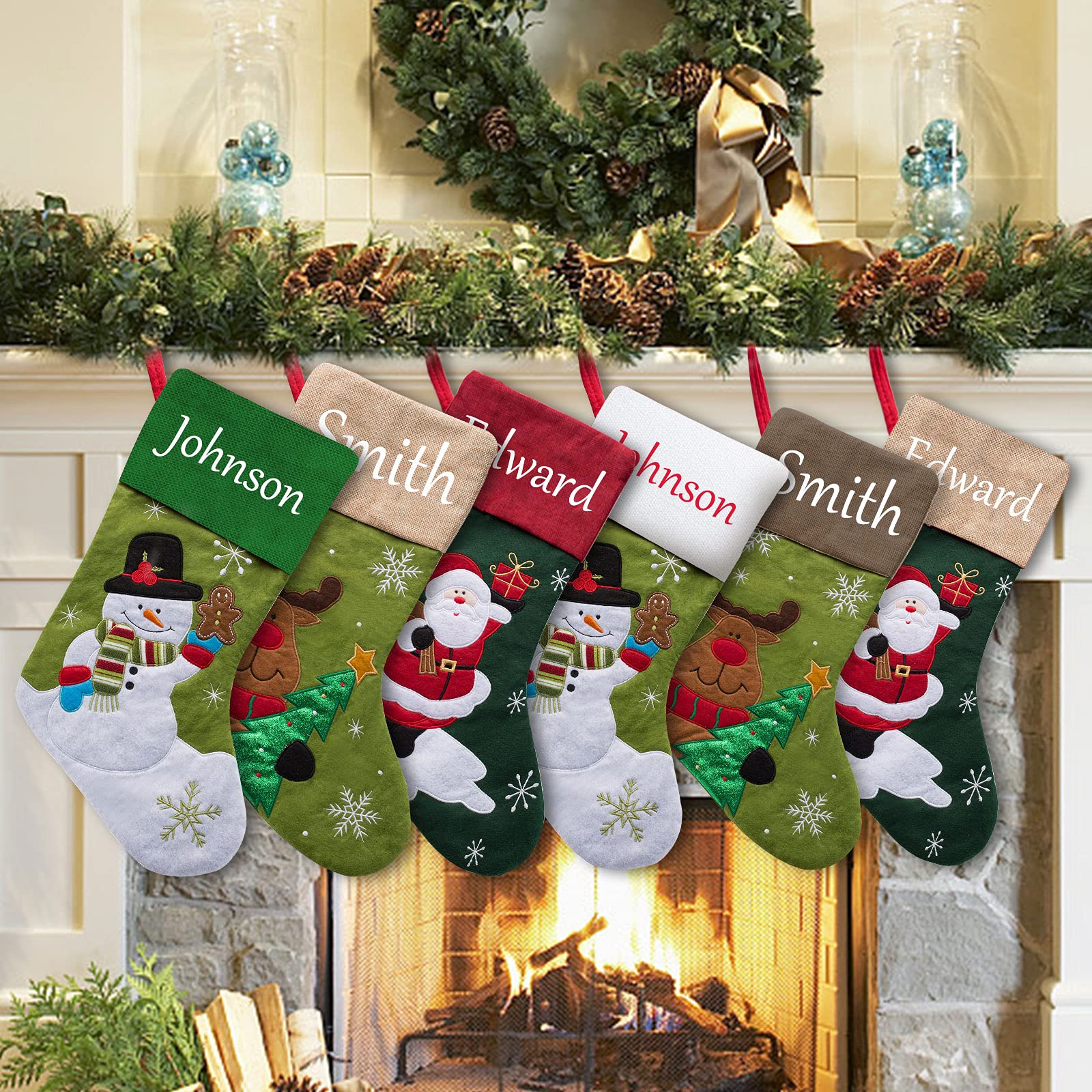 YanNanKe Personalised Christmas Stockings Set of 6, Custom Christmas Stockings Name Tags, Xmas Stockings Family Decorations(6 Pack)