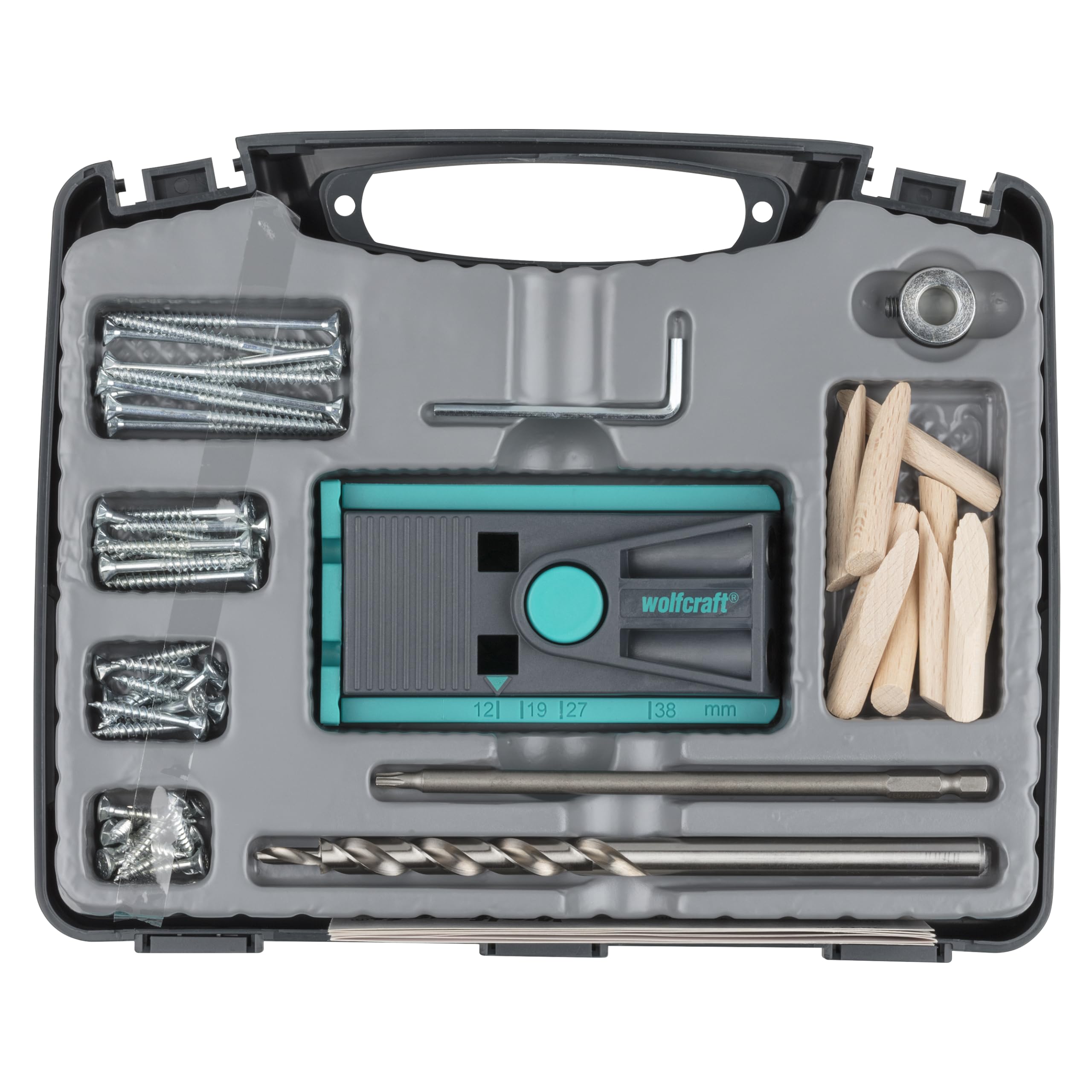 Wolfcraft Undercover Jig Set Torx - Bohrschablone für Holzverbindungen | Versteckte Holzverbindungen für Möbelbau - Stufenbohrer, Holzdübel & Schrauben im Koffer, ab 12 mm Brettstärke - 4642100