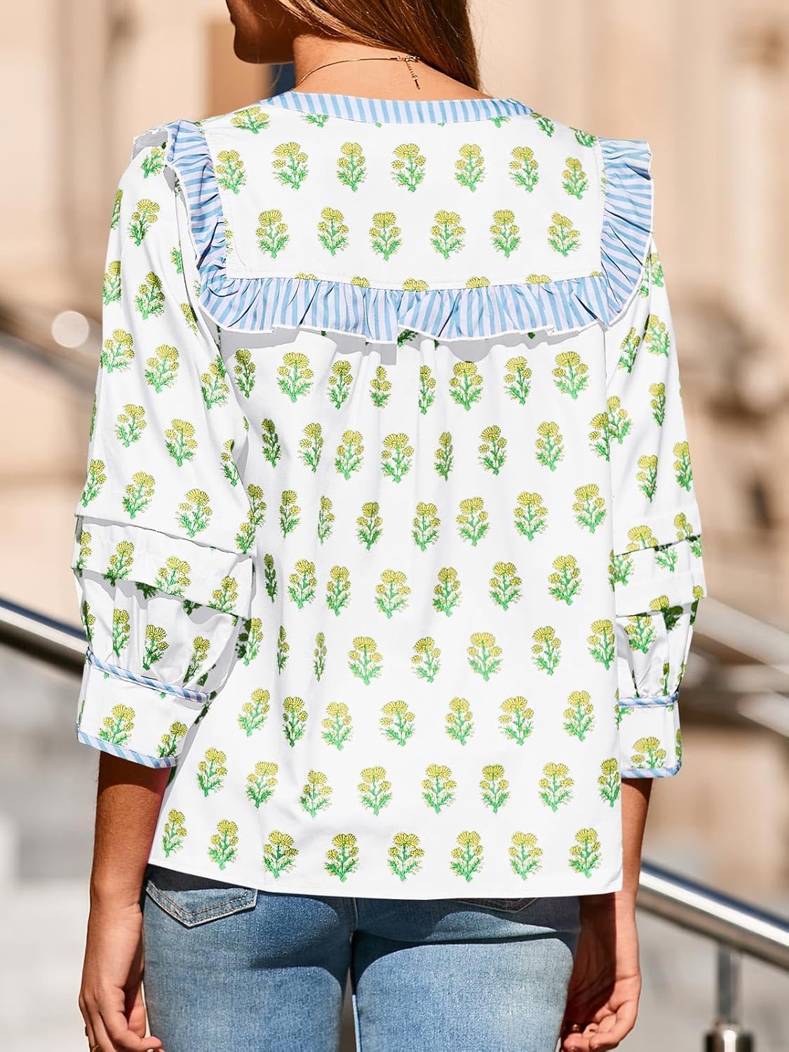 Tankaneo Womens Floral Babydoll Blouse Puff Sleeve Peplum Tops Casual Ruffle V Neck Flowy Boho Cute Shirts - Image 4