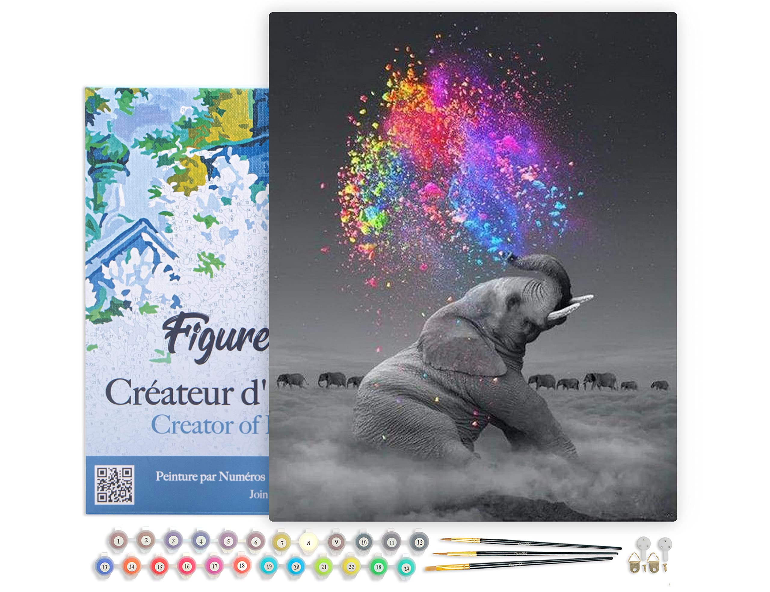 Figured'Art Paint by Numbers for Adults with Frame Elephant Art Colours 40x50cm - Craft Art Painting DIY Kit Canvas Already Stretched on a Wooden Frame โ image 1