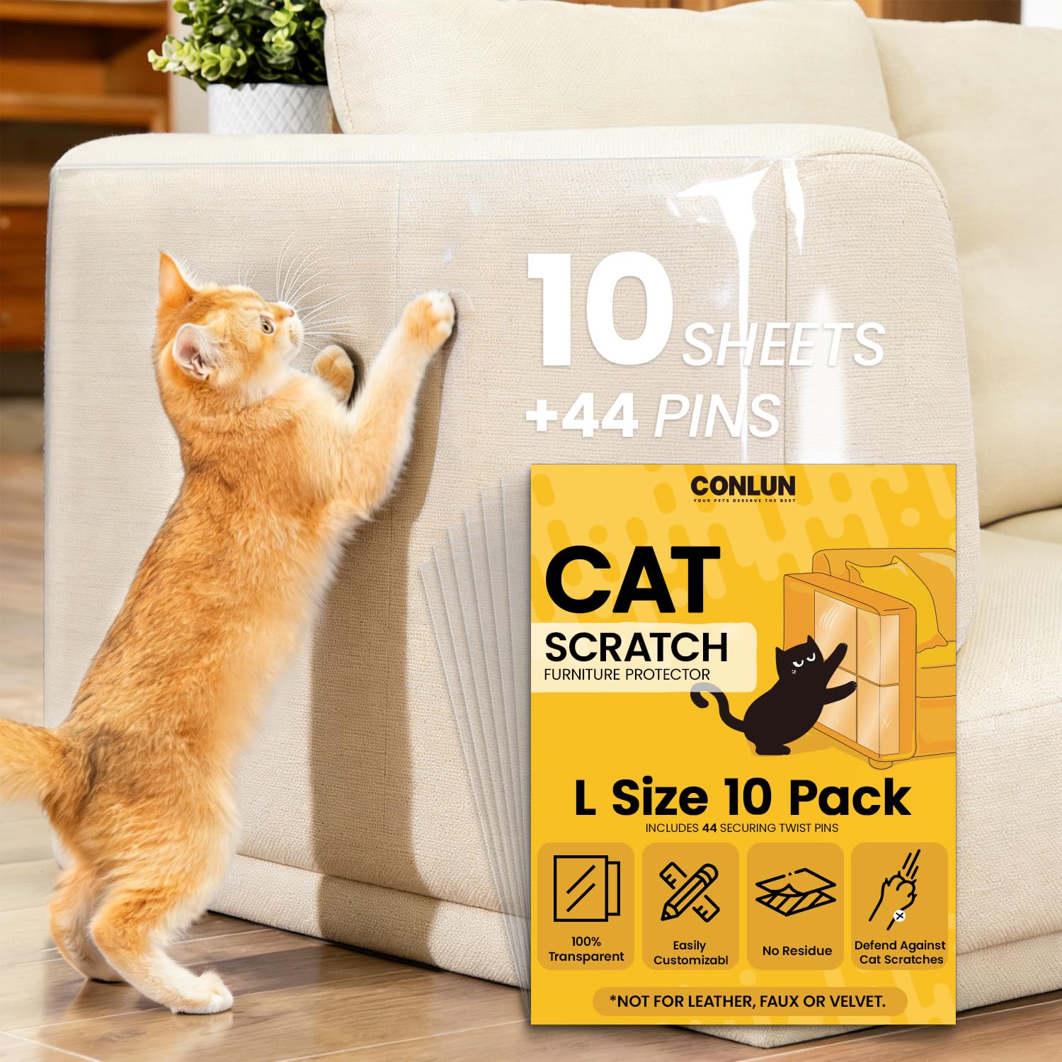 Conlun Cat Scratch Furniture Protector, 100% Transparent Sofa Guards for Cats, 0.12mm Self-Adhesive Anti-Scratch Sheets, Large (5pcs 43x30cm & 5pcs 43x15cm), 10 Pack with 44 Twist Pins