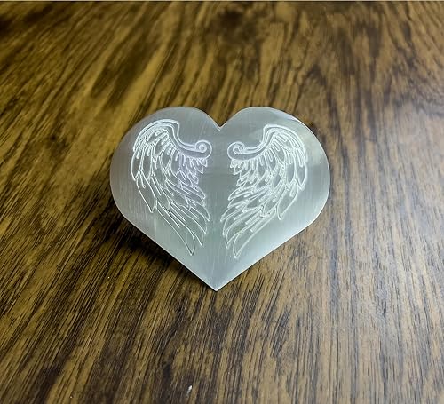 Miniatura 5 de Xen Minerals Alas de ángel de corazón grabadas con selenita  Corazones y piedras de cristal originales para curación y equilibrio de chakras,