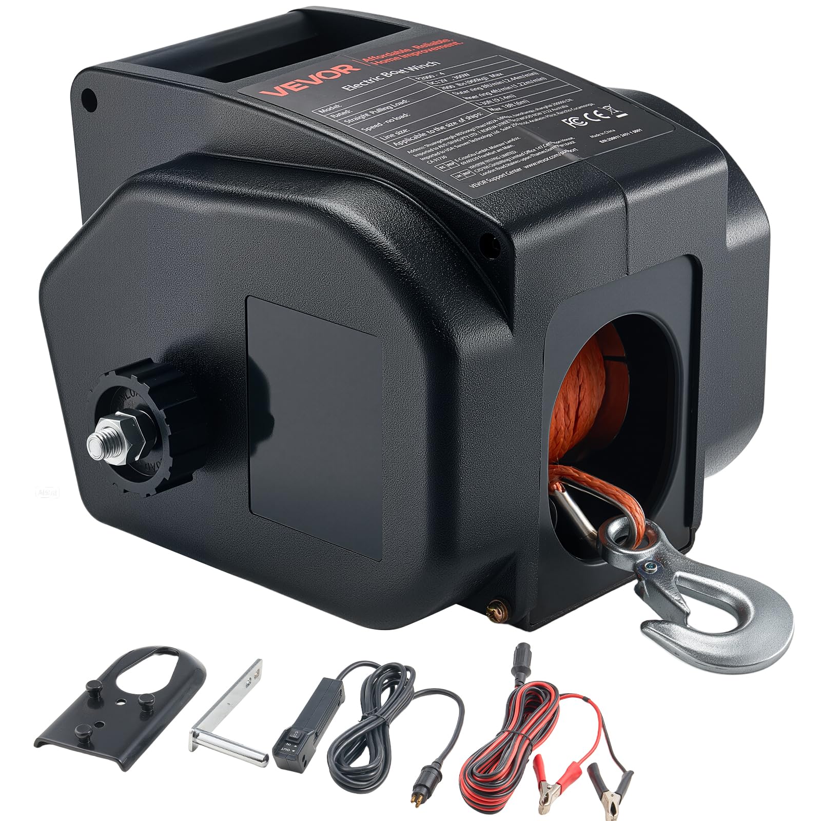 VEVOR Treuil Électrique pour Bateau, 12 V CC 300 W, Treuil Réversible pour Remorque de Bateau 6 m, Charge de Traction Maximale 900 kg, avec Télécommande Filaire, Manivelle, pour Remorquer des Bateaux