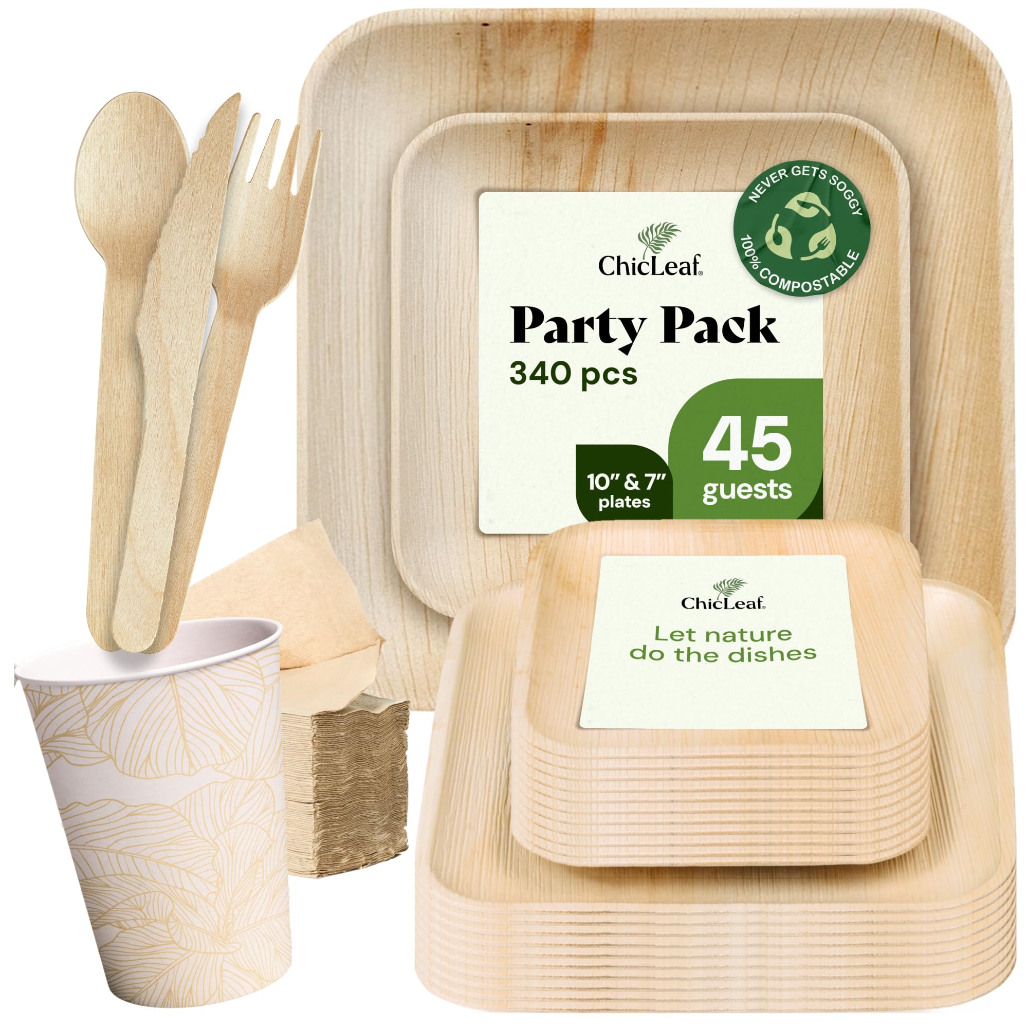 Chic Leaf Compostable Palm Leaf Plates & Cups Set - 10 In & 7 In Pack of 45, Natural - Biodegradable Tableware & Disposable Plates & Cups - Durable Bamboo Utensils