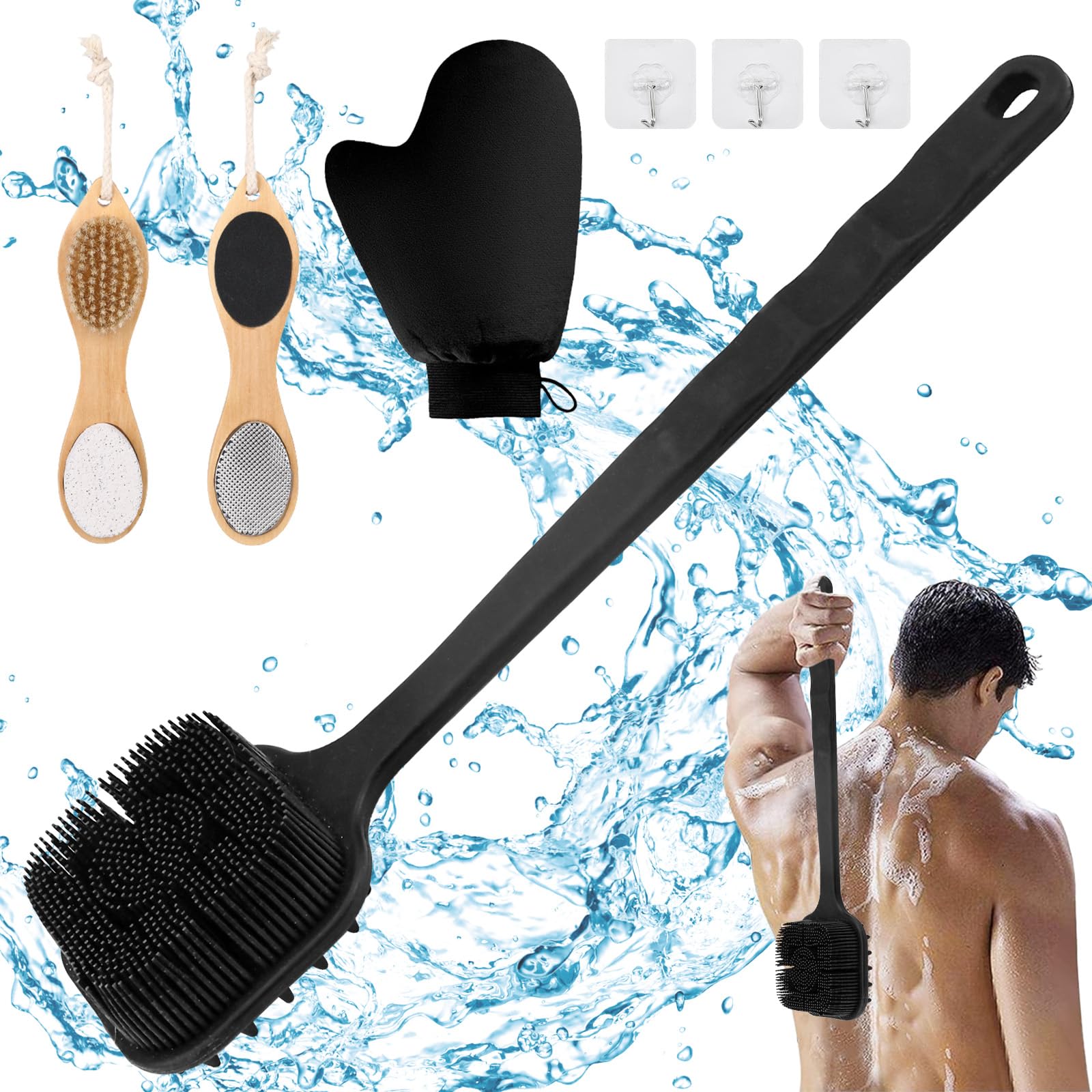 LPAMABA Cepillo Espalda Ducha, 1 Cepillo Exfoliante Corporal de Silicona con Mango Largo+ 1 Guante Autobronceador Corporal+ 1 Lima de Callos de Pies+3 Ganchos Adhesivos, Cepillo de Ducha de Doble Cara