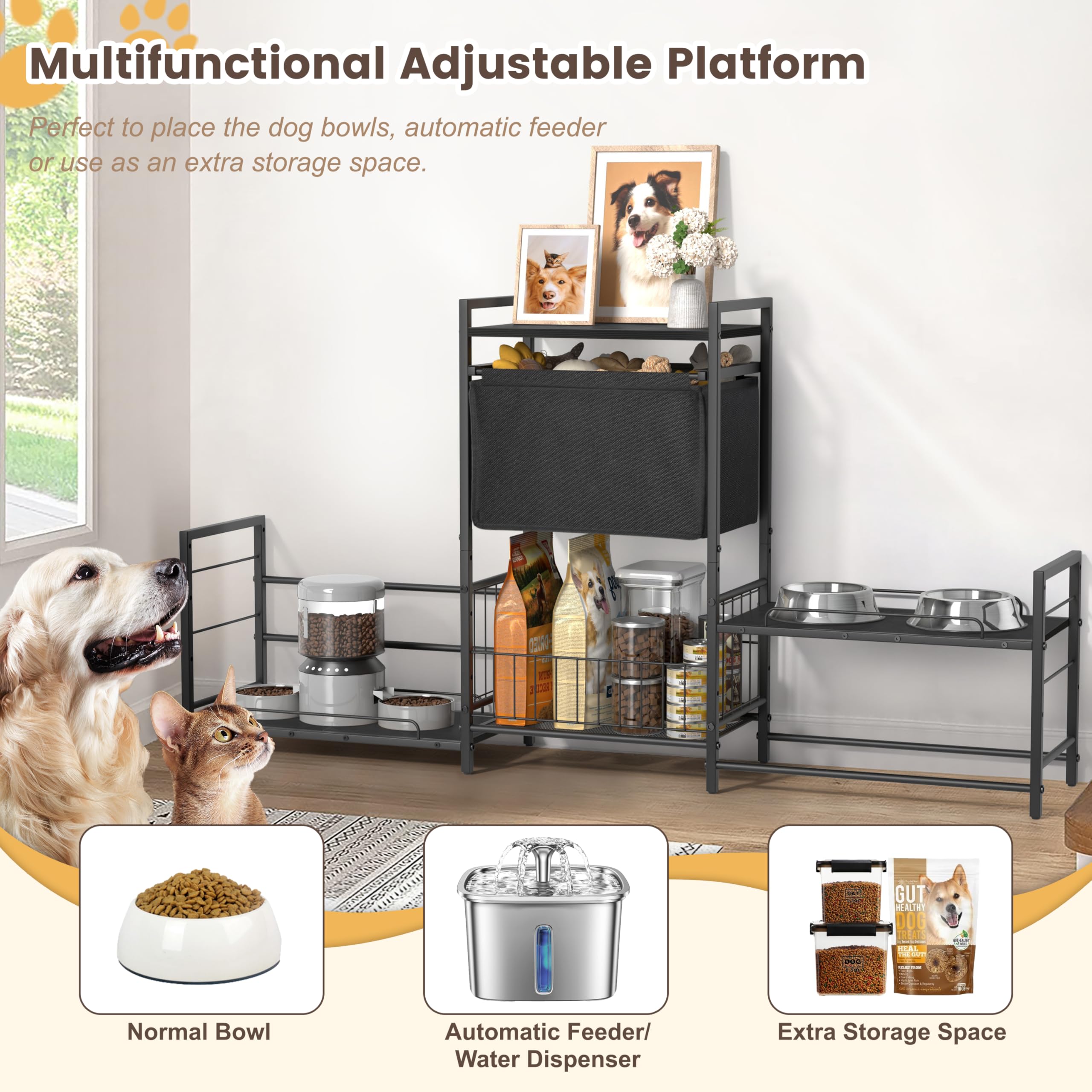 Support de gamelle surélevée pour chien avec 2 stations d'alimentation, armoire d'alimentation surélevée réglable avec panier à jouets, support de bol de nourriture et d'eau soulevé, organisateur de