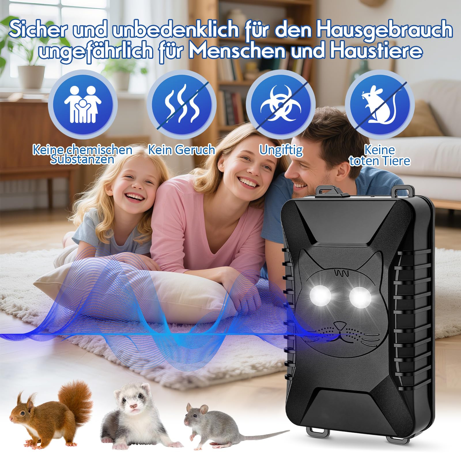 ADOGO Ultraschall Marderabwehr Batteriebetrieben, Marderabwehr Dachboden mit Blitzlicht & Sensor, IP66 Mäuseabwehr Ultraschall Testsieger, Marderschreck Garten für Haus,Garage,Dachboden