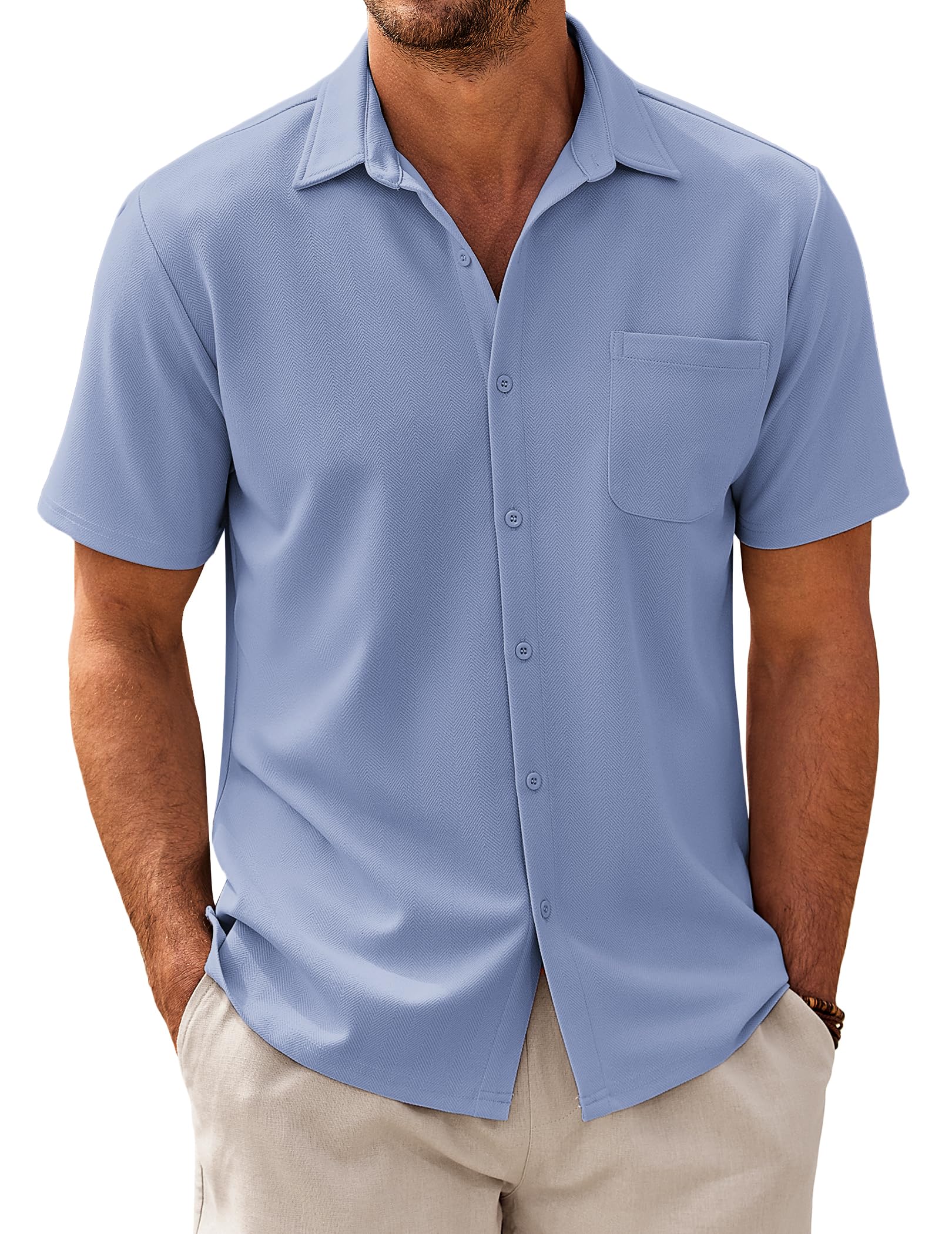 COOFANDY Men's Short-Sleeved Business Shirt with Pocket Casual Summer Shirt Herringbone Pattern Regular Fit Textured Shirt