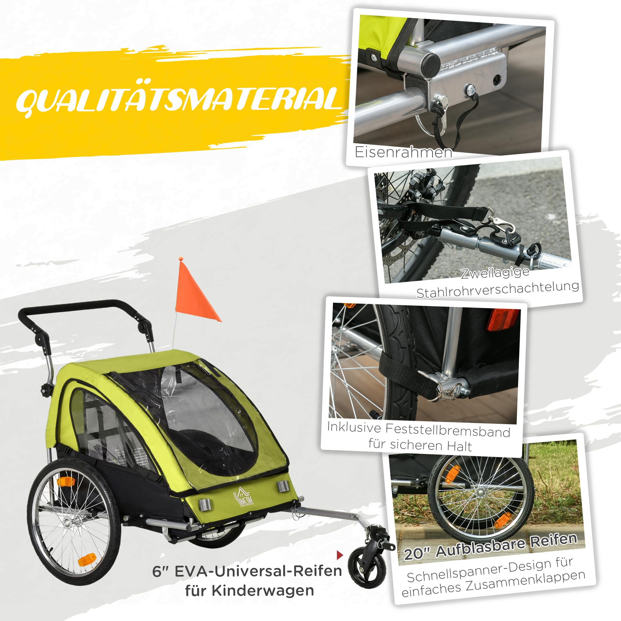 HOMCOM 2 in 1 Kinderanhänger Anhänger 360° Drehbar Fahrradanhänger 2 Kinder Buggy Kinderwagen mit Fünf-Punkt-Sicherheitsgurt Joggerfunktion Metall Oxford 160 x 84 x 106 cm