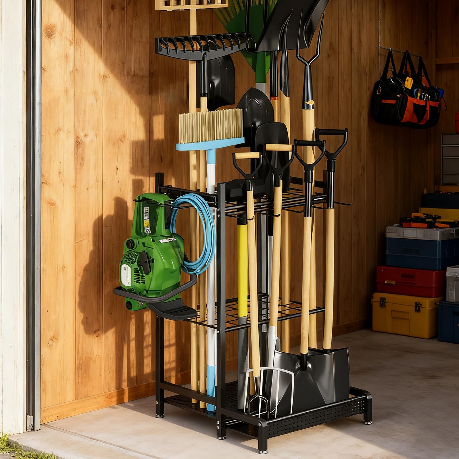 OKSTENCK Garden Tool Storage,Freestanding Garden Tool Storage Rack with Hooks, Versatile Shelving Unit Suitable. Holds up to 35 Tools, Accommodates Long-Handled Implements Such as Spades and Rakes.