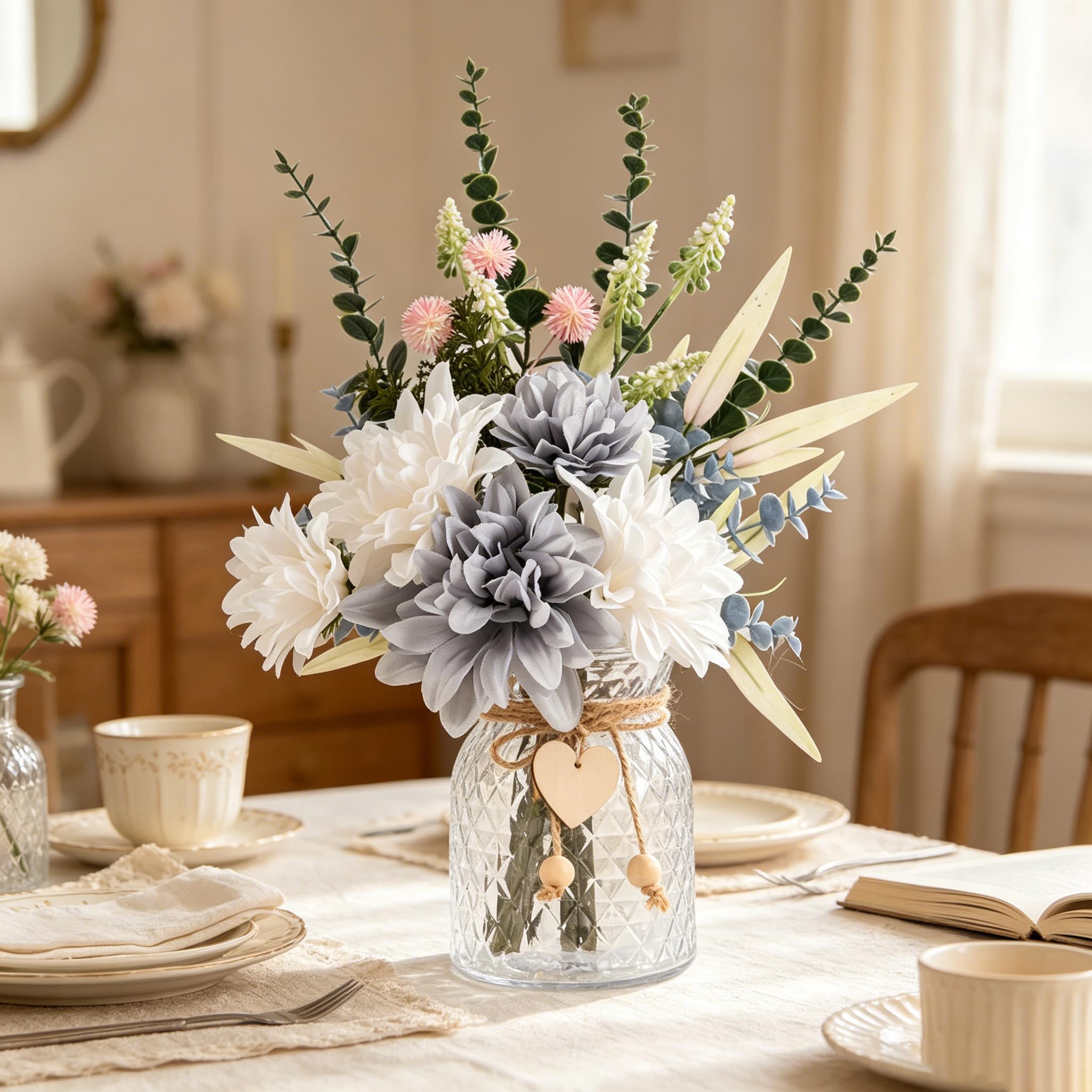JETAINE Artificial Flowers with Vase, Blue Faux Dahlia Flower Arrangement in Glass Vase, Fake Silk Flowers Plant, Table Centrepiece Decoration Accessories for Kitchen Dining Table Bathroom Home Office