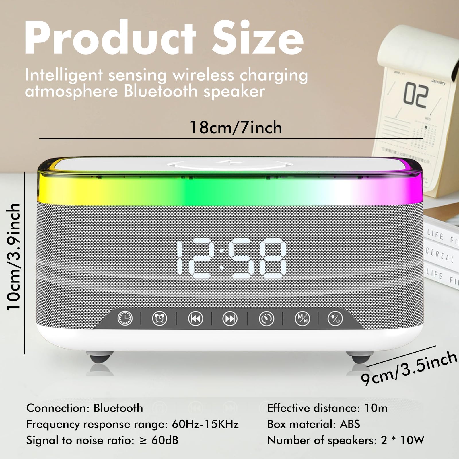 Sveglia digitale con stazione di ricarica e altoparlante Bluetooth, luce notturna da 15 W, caricabatterie wireless per iPhone Samsung