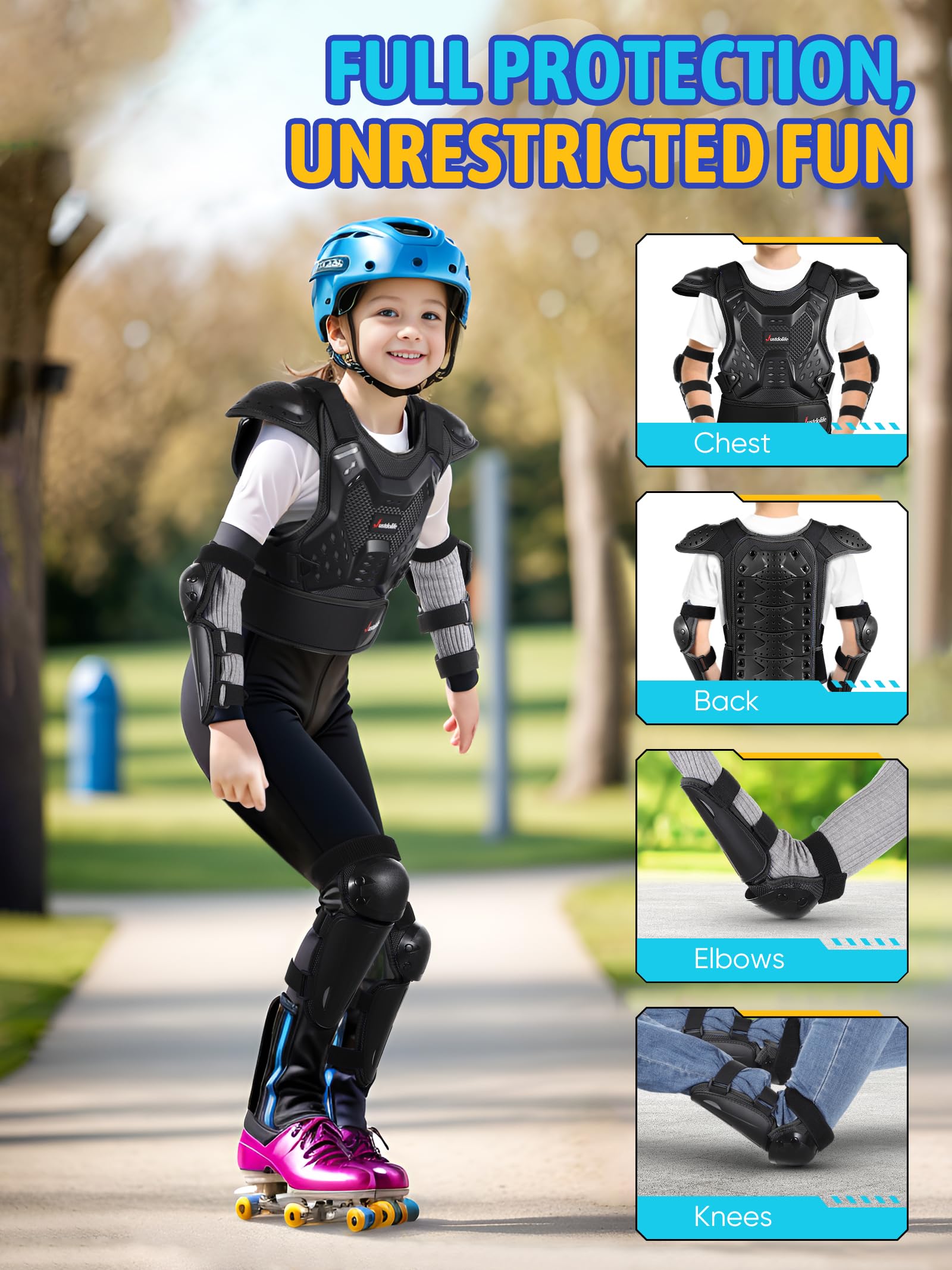 Armatura Moto per Bambini - JUSTDOLIFE Protettore Motocross a Guscio Spesso per Giovani Adolescenti con Protezioni per Ginocchia Gomiti Braccia e Spalle per Ciclismo Fuoristrada sci e Pattinaggio