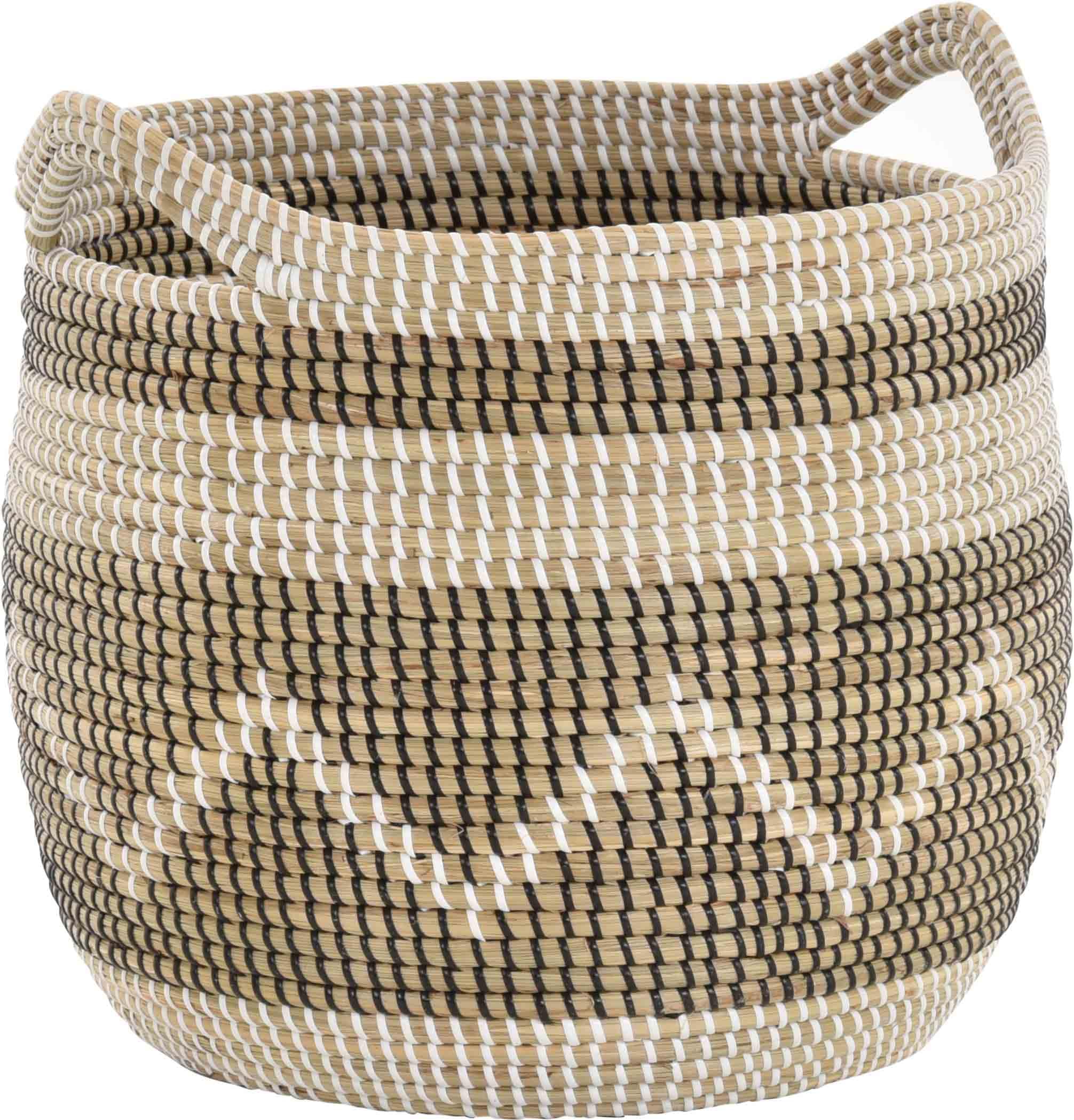 Runder Tragekorb Dekokorb Aufbewahrungs-Box Allzweck-Korb Natur Seegras mit bunten Wicklungen Flechtkorb (Natur Schwarz Weiss)
