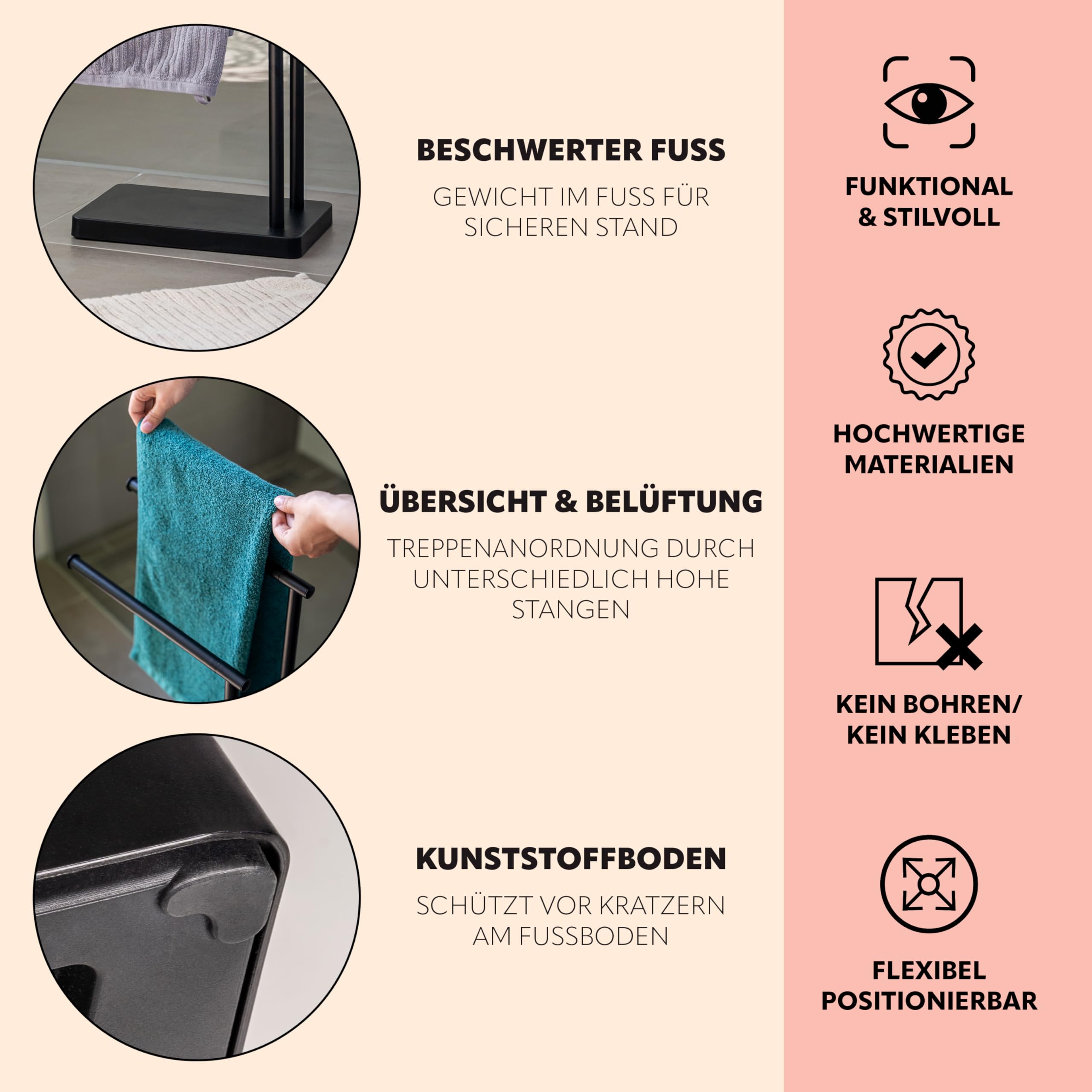 bremermann Stand-Handtuchhalter freistehend, 2 Stangen, Handtuchständer (Schwarz)