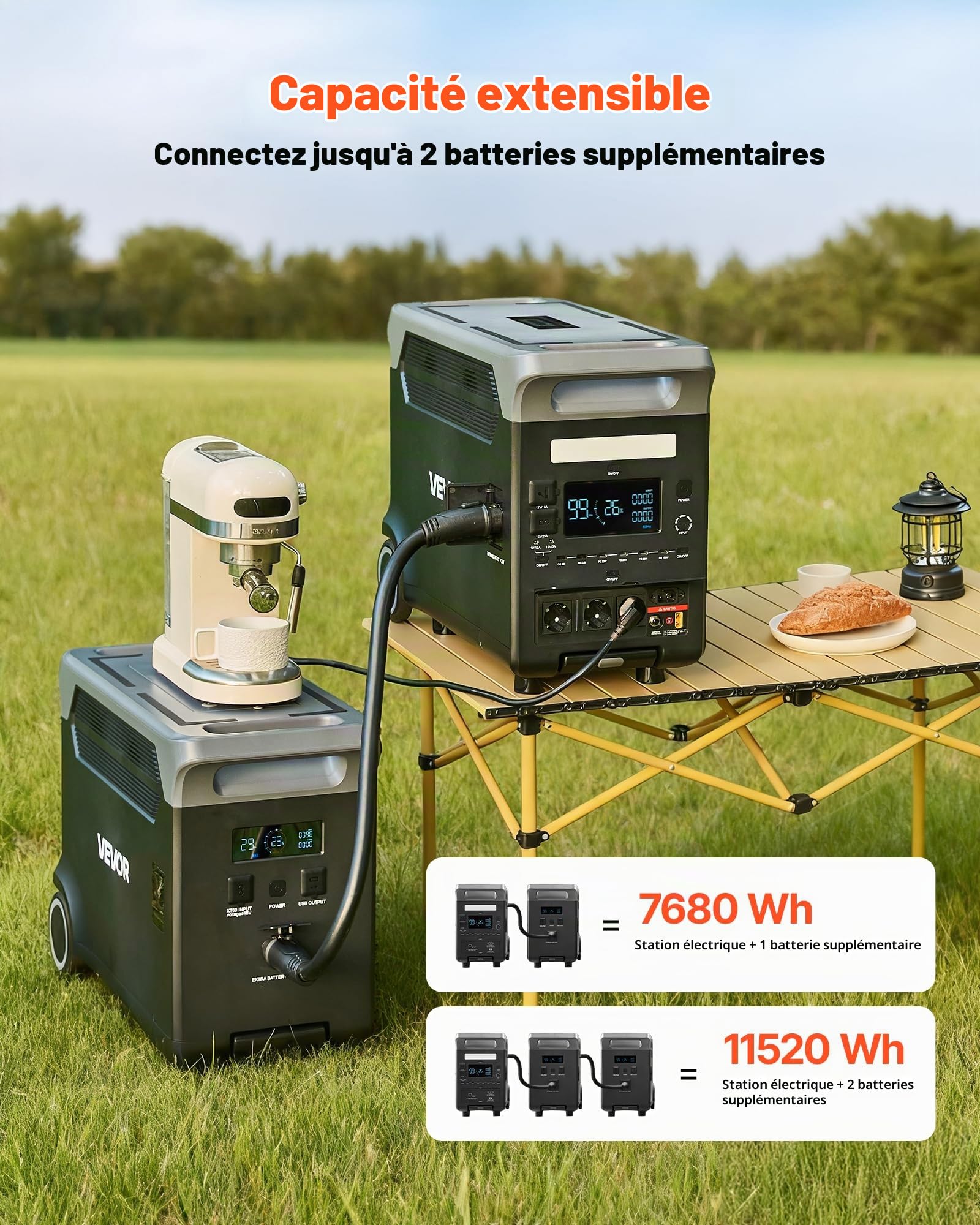 VEVOR Station Électrique Portable, Générateur Solaire 3600 W 3840 Wh avec 10 Sorties, Puissance d'Entrée Réglable, Batterie de Secours LiFePO4 Extensible pour Camping-car (Panneau Solaire Non Inclus)