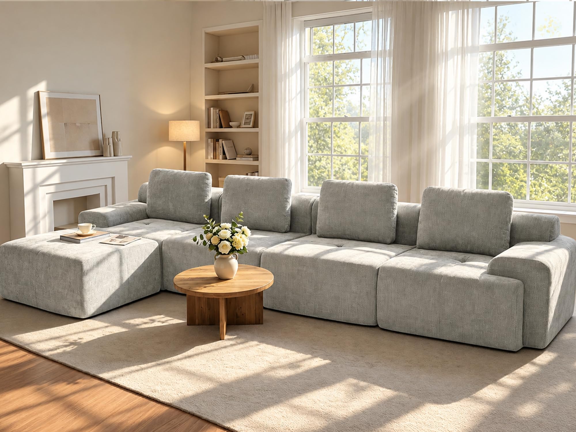159" L Shaped Oversized Boneless Couch, Comfort Cloud Sectional Couches for Living Room, Modular Sofa High Back &amp; Extra Deep Seat, No Assembly, Soft Chenille(Light Grey, 159 inch-L shaped（4+1）)