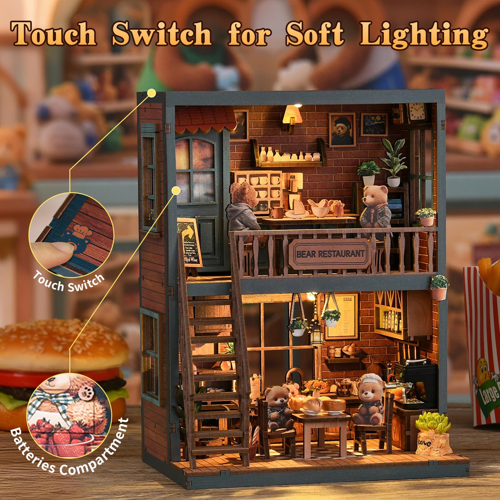 Book Nook Kit, Restaurant Bear Maison Miniature avec Lumière LED, Puzzle 3D en Bois Booknook Bibliothèque, DIY Miniature Maison Poupée, Buchstütze Décoration Créatif Cadeau pour Adultes