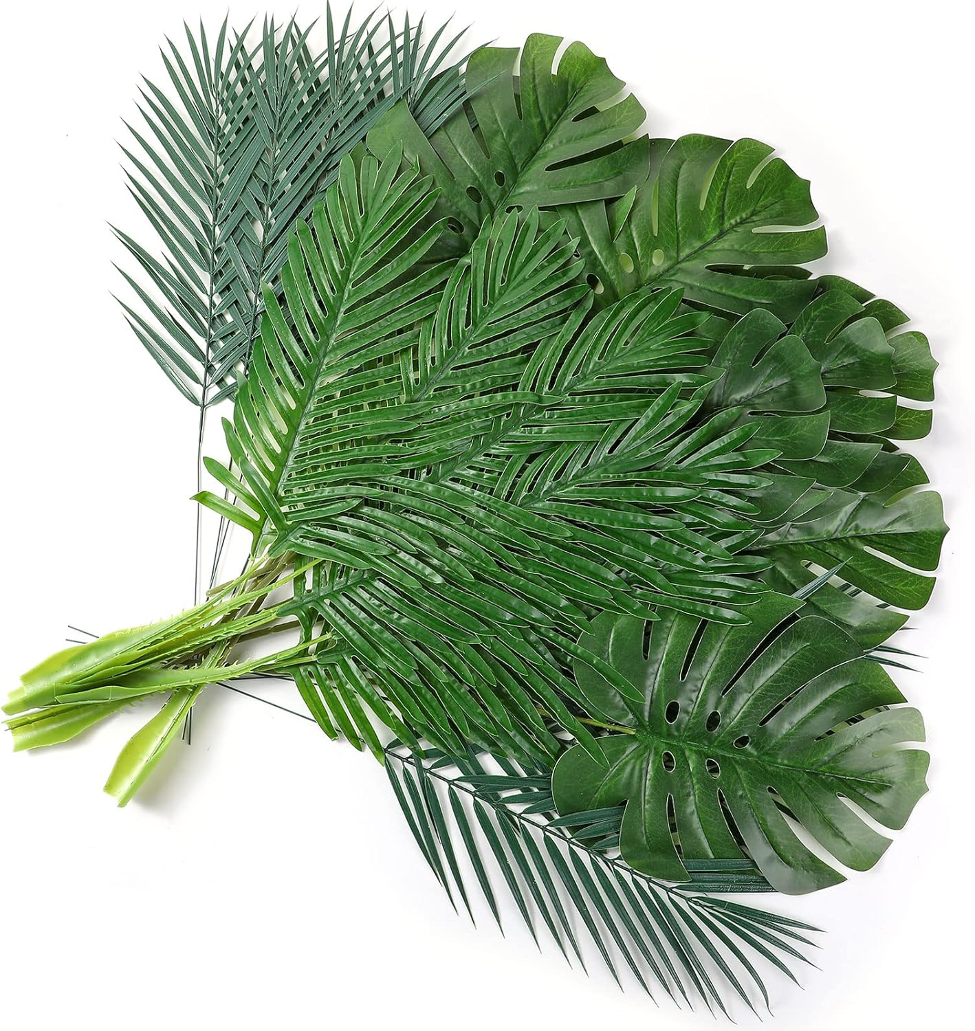 cindeer 24 pcs artificial palm leaves 3 kinds large faux monstera leaf greenery stems safari jungle leaves for hawaiian christmas easter party table wedding decorations small fresh style