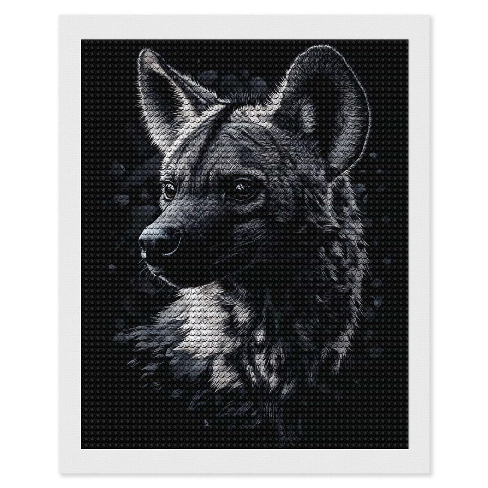Junmoney Hyena Portrait in Black and White Diamond Painting Set 16"x20", Stress Relief Craft, Easy to Enjoy, Vintage Style Decor, Festive Craft Gift