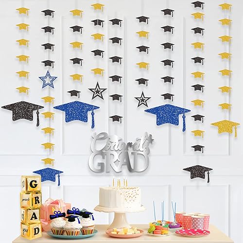 KatchOn, Guirnalda de gorra de graduación con purpurina, 12 cuerdas, sin bricolaje, decoraciones de graduación azul y dorado 2023, guirnalda de