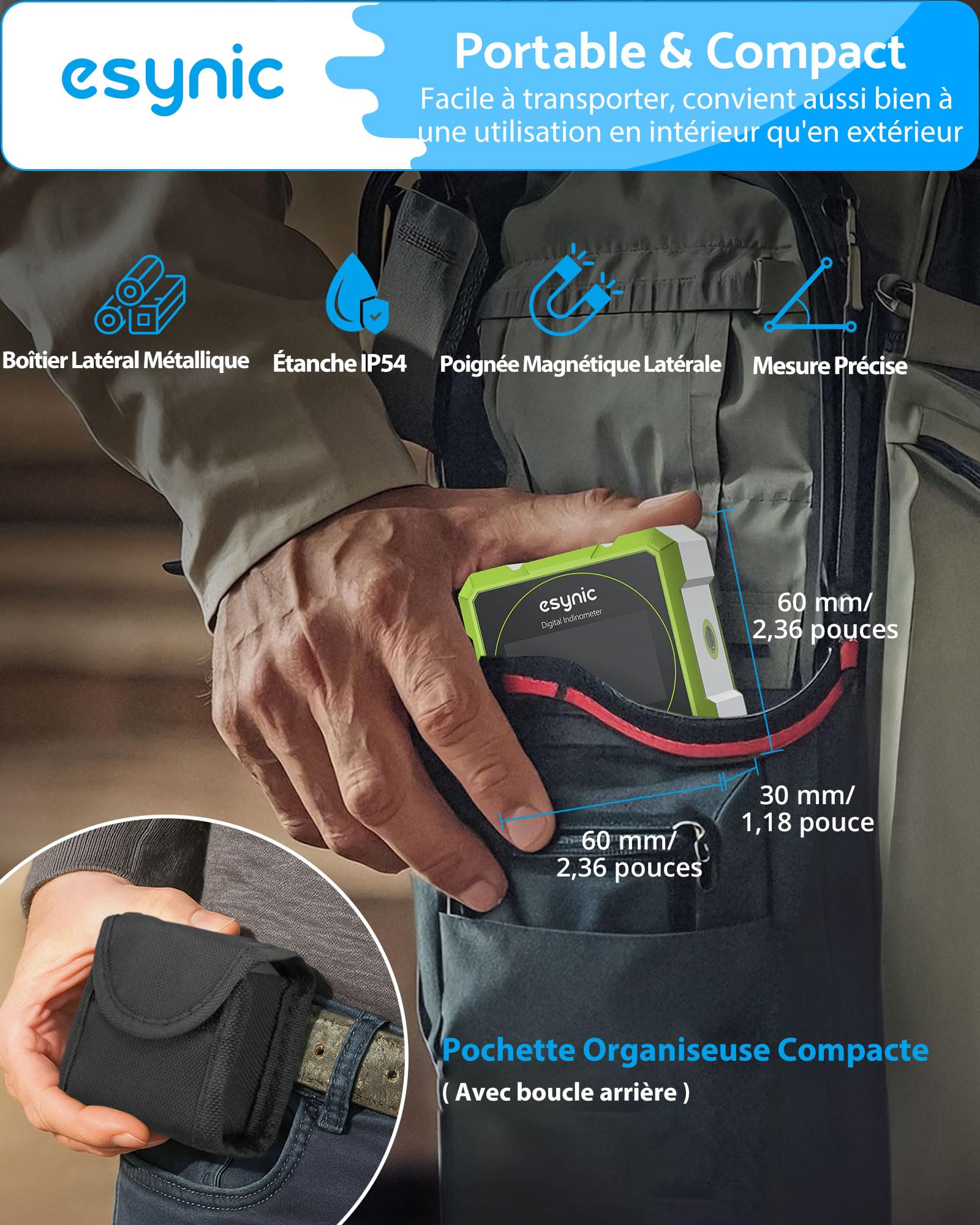 eSynic Inclinomètre Numérique avec Laser Vert 4 Faces Magnétiques Écran LCD VA Mesureur d'Angle Numérique 4*90° Réversible Réinitialisable Étanche IP54 Inclinomètre Magnétique pour Menuiserie Bâtiment